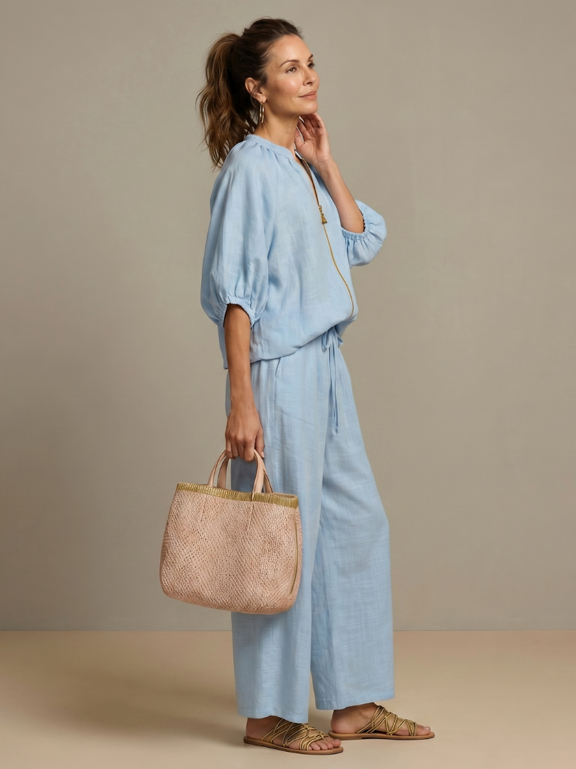 Marlene | Linen Zip-Front Balloon-Sleeve Co-ord Set