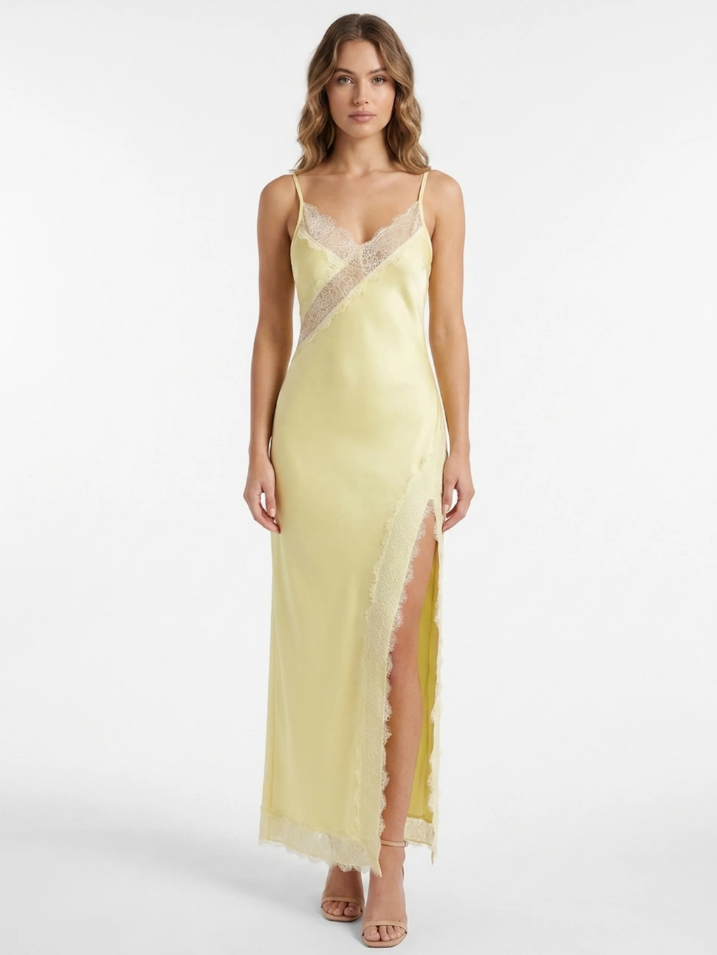 FALLON Women's Satin Lace-Trim Slip Maxi Dress