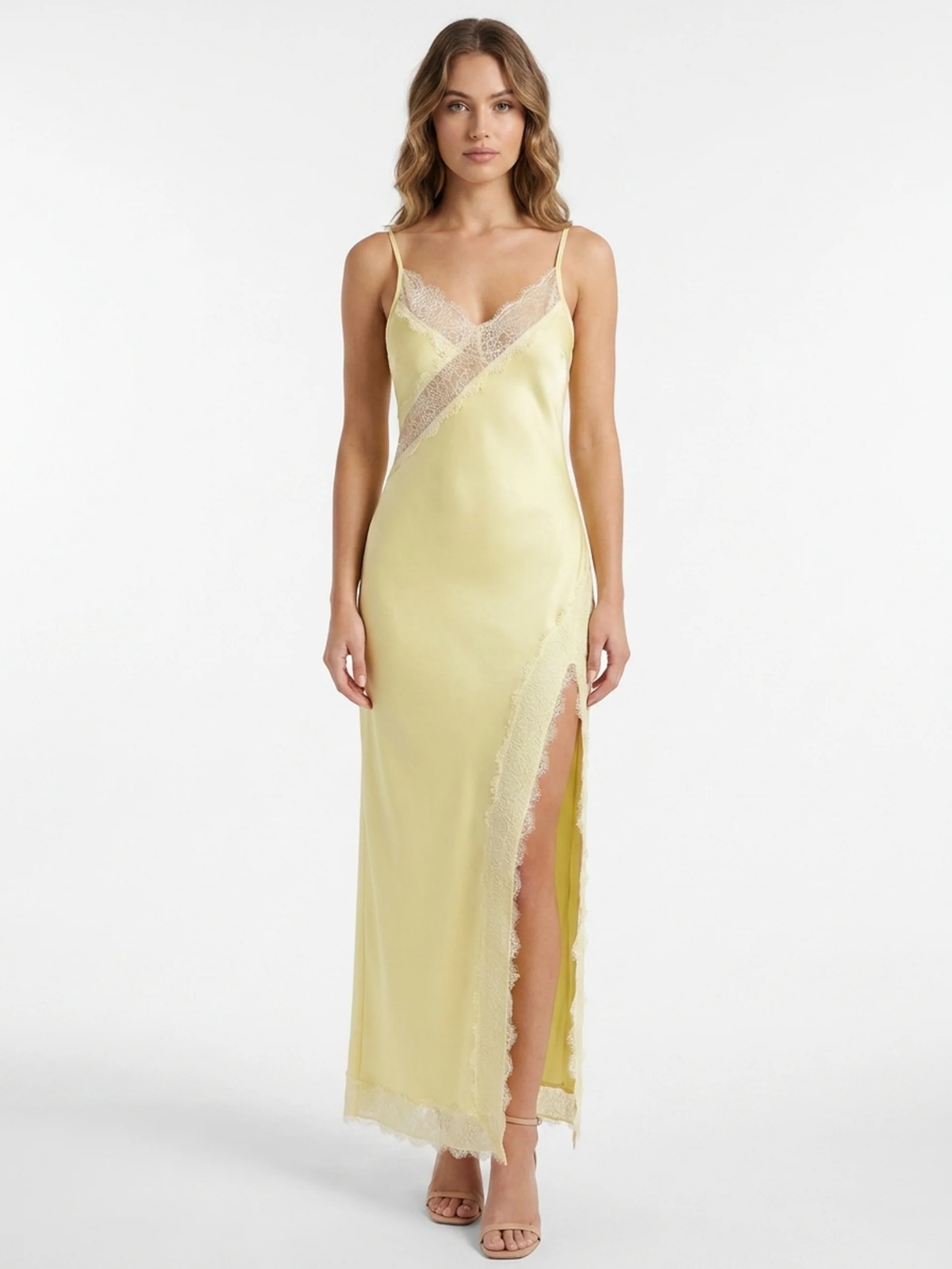 FALLON Women's Satin Lace-Trim Slip Maxi Dress