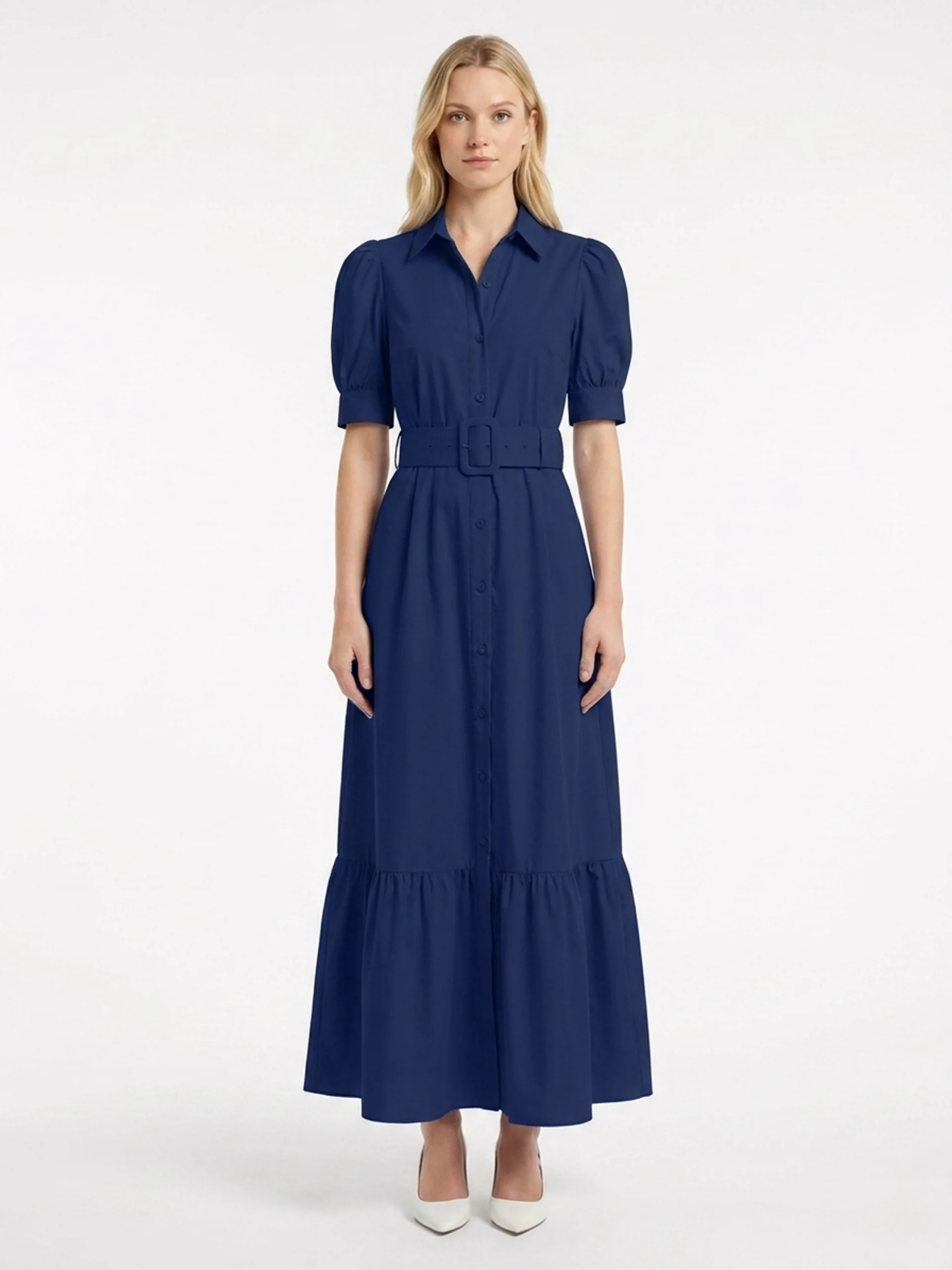 KATHLEEN Women's Short Sleeve Striped Belted Maxi Shirt Dress