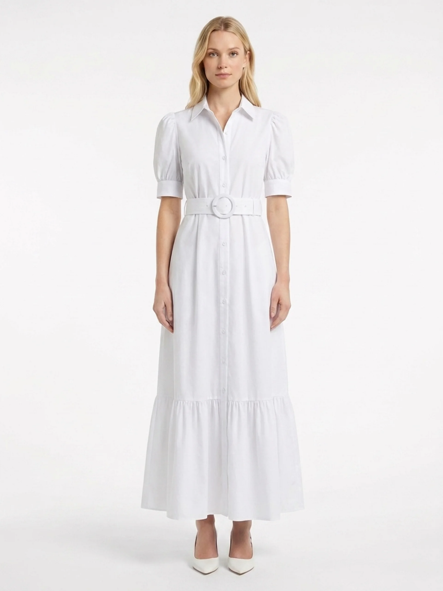 KATHLEEN Women's Short Sleeve Striped Belted Maxi Shirt Dress