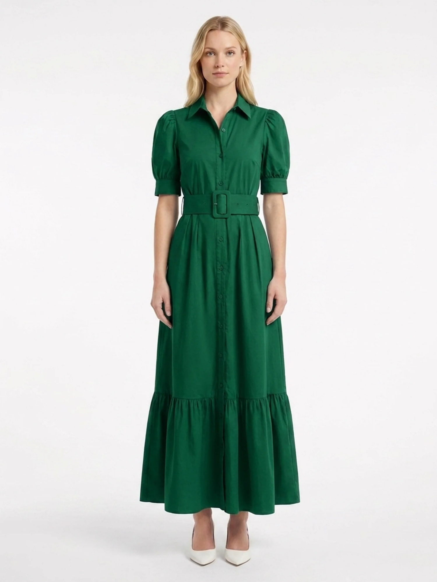 KATHLEEN Women's Short Sleeve Striped Belted Maxi Shirt Dress