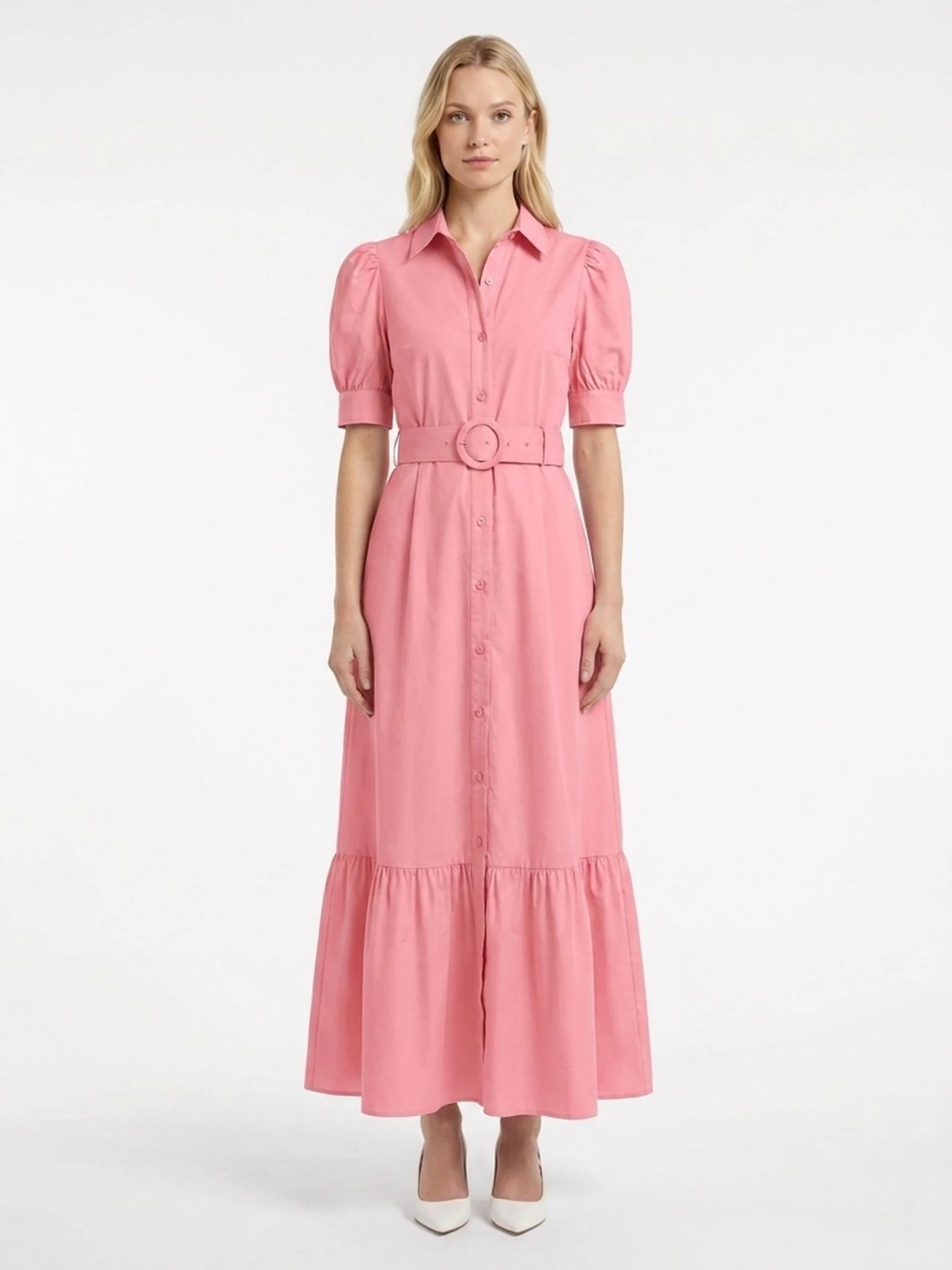 KATHLEEN Women's Short Sleeve Striped Belted Maxi Shirt Dress