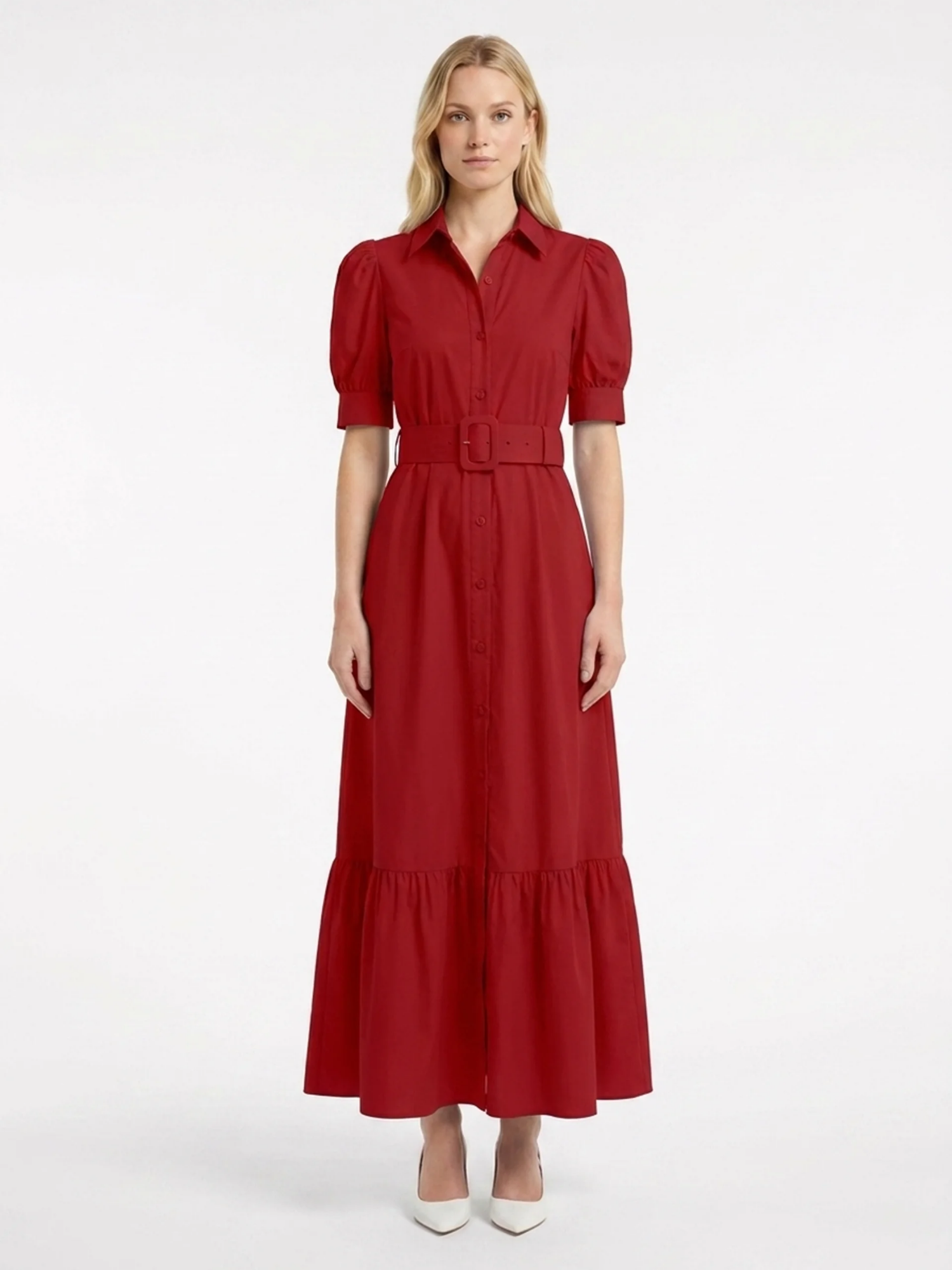 KATHLEEN Women's Short Sleeve Striped Belted Maxi Shirt Dress