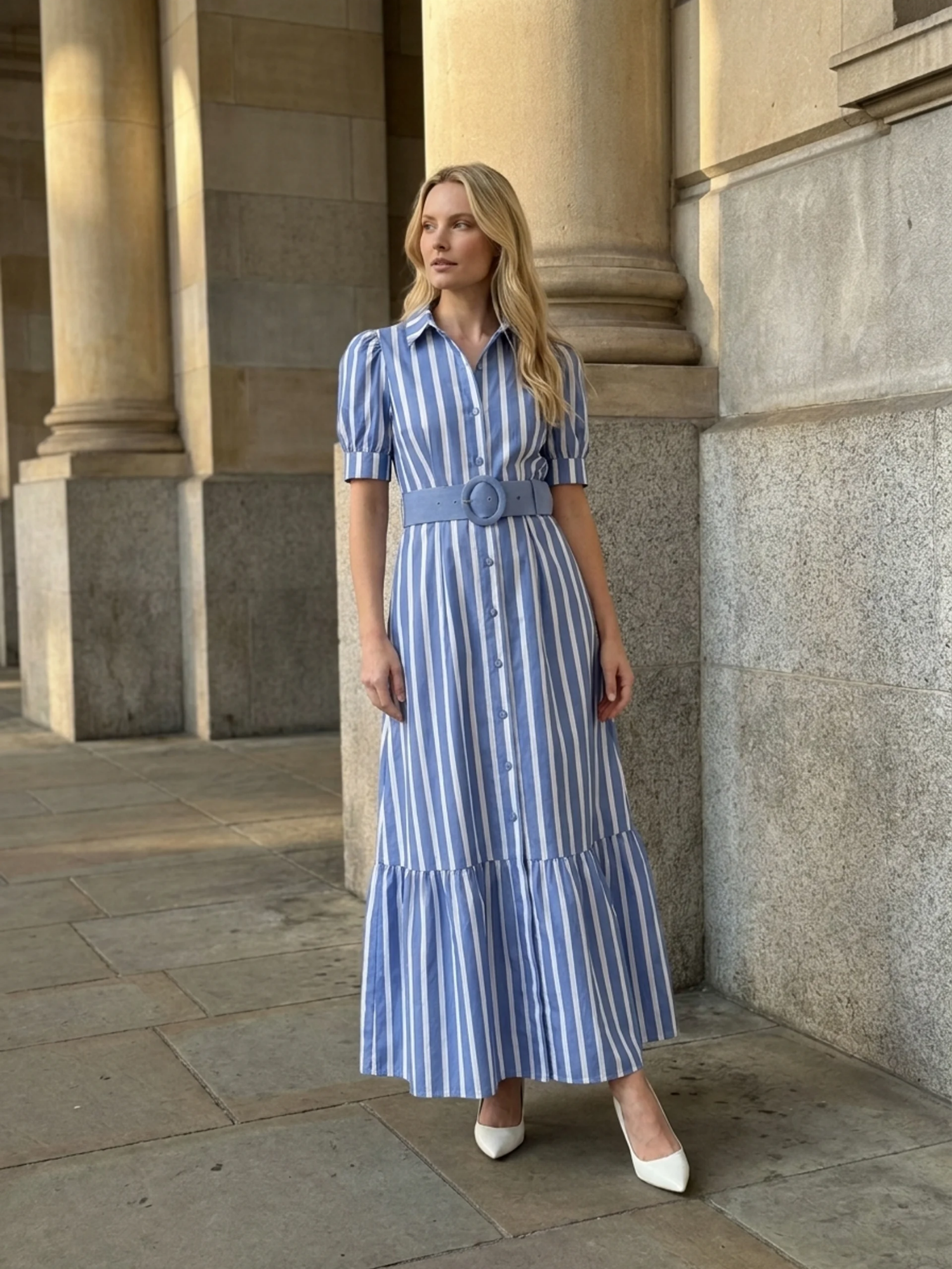 KATHLEEN Women's Short Sleeve Striped Belted Maxi Shirt Dress