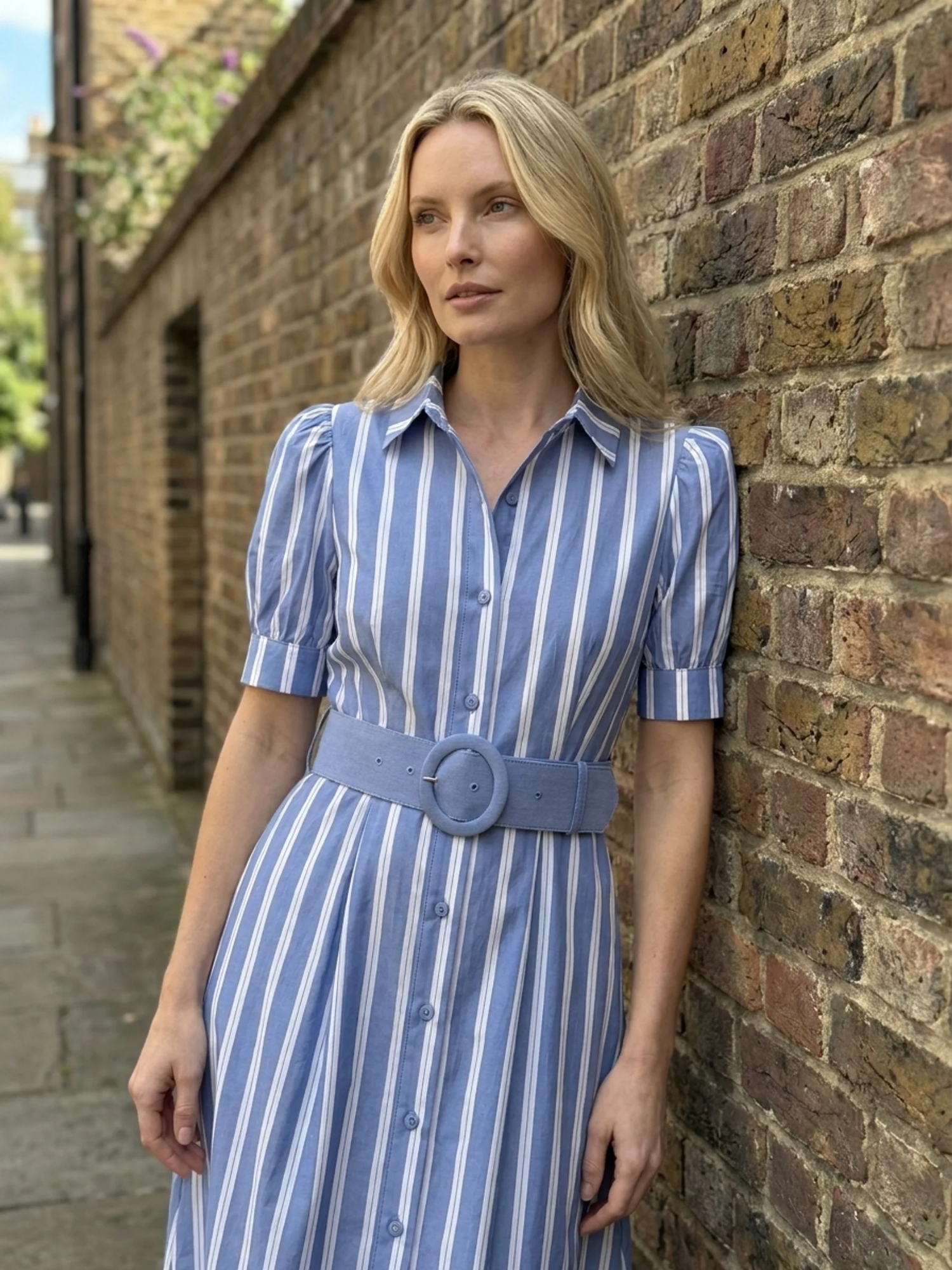 KATHLEEN Women's Short Sleeve Striped Belted Maxi Shirt Dress