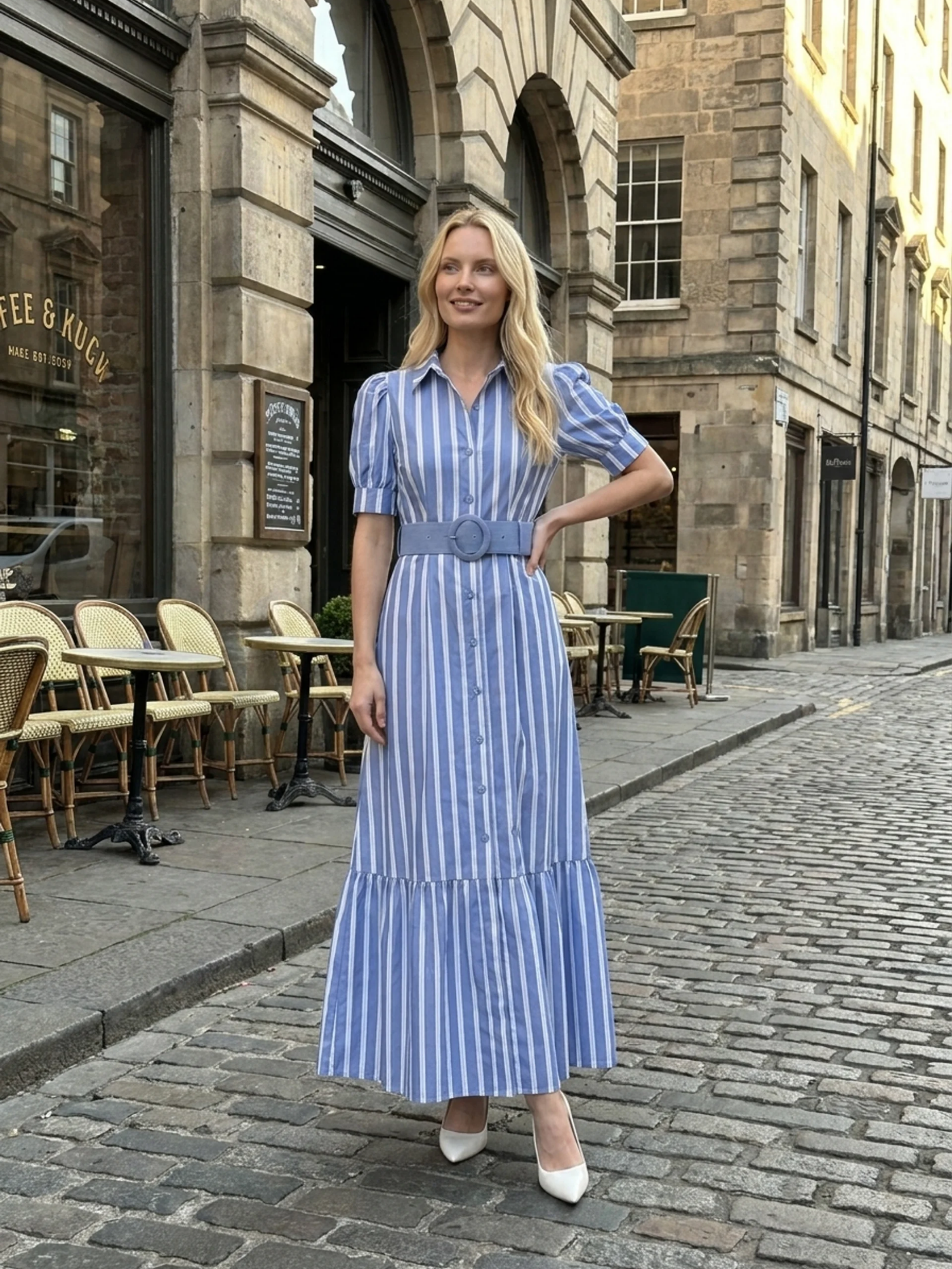 KATHLEEN Women's Short Sleeve Striped Belted Maxi Shirt Dress