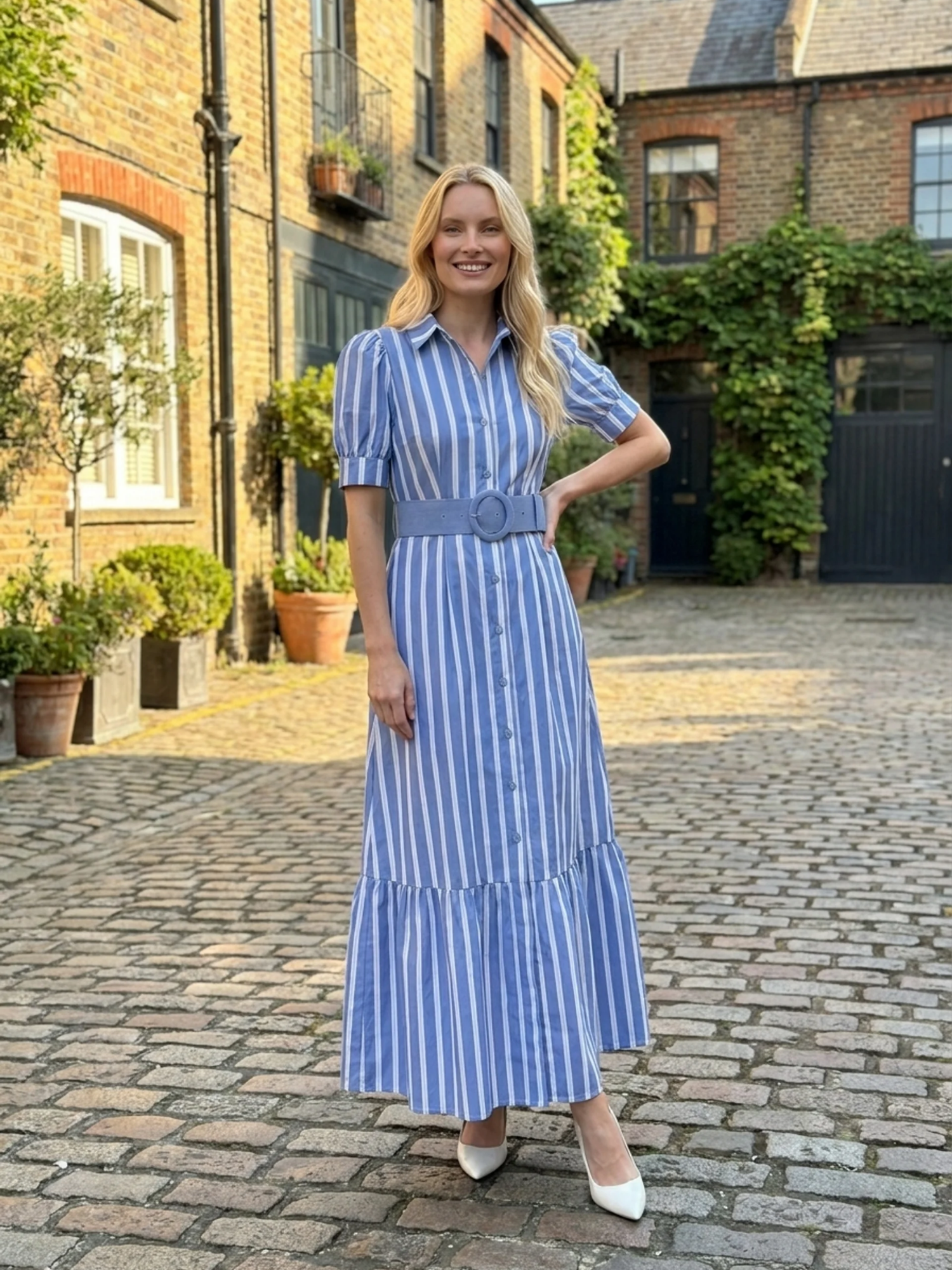 KATHLEEN Women's Short Sleeve Striped Belted Maxi Shirt Dress