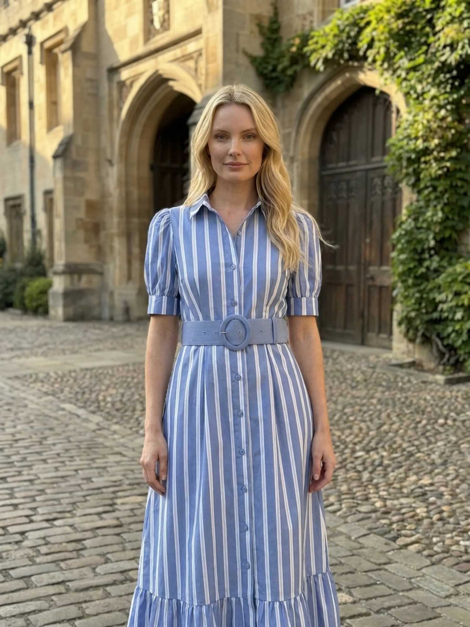 KATHLEEN Women's Short Sleeve Striped Belted Maxi Shirt Dress