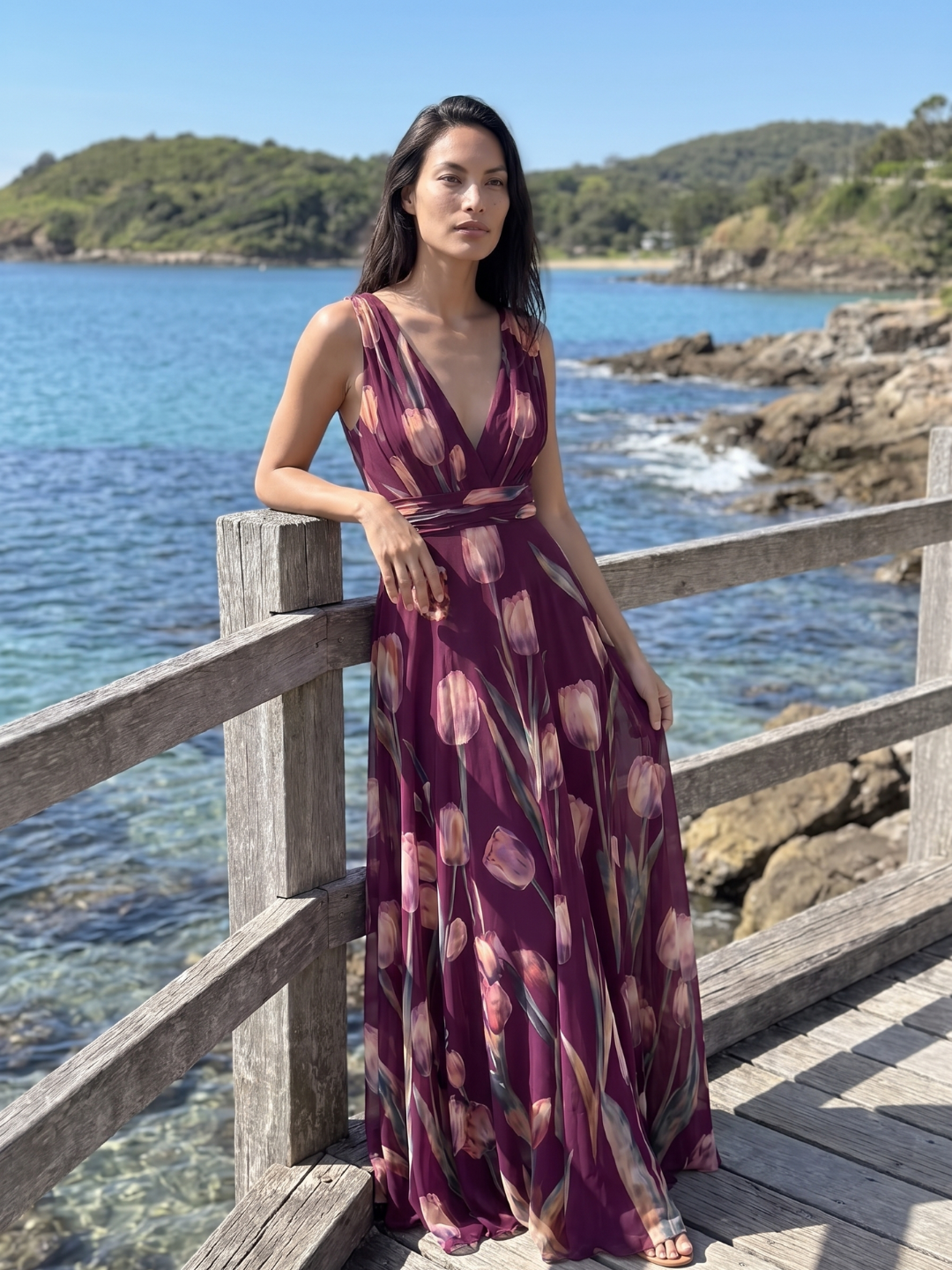 Eliana | Tulip Print V-Neck Pleated Maxi Dress