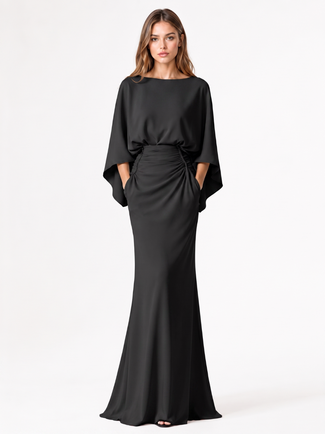 DIANTHA Women's Batwing Sleeve Pleated Maxi Dress