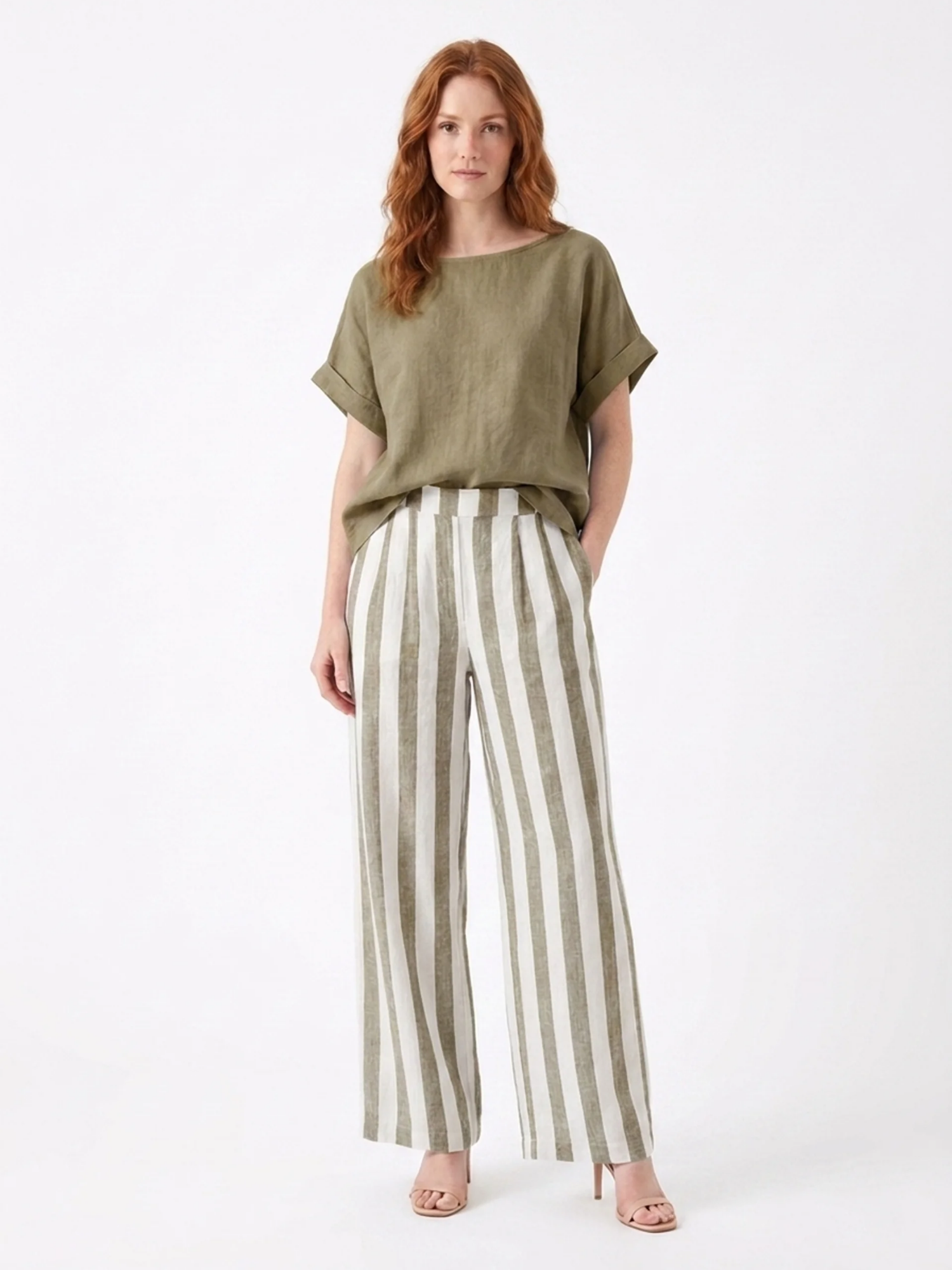 LORELEI Women's Short Sleeve Top and Striped Wide Leg Trouser Set