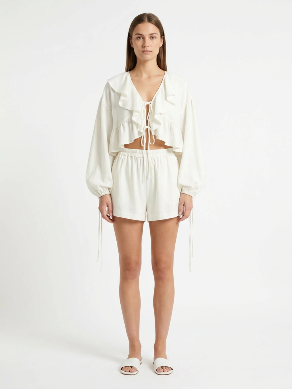 LILAROSE Women's Ruffle Lace-Up Blouse and Shorts Set