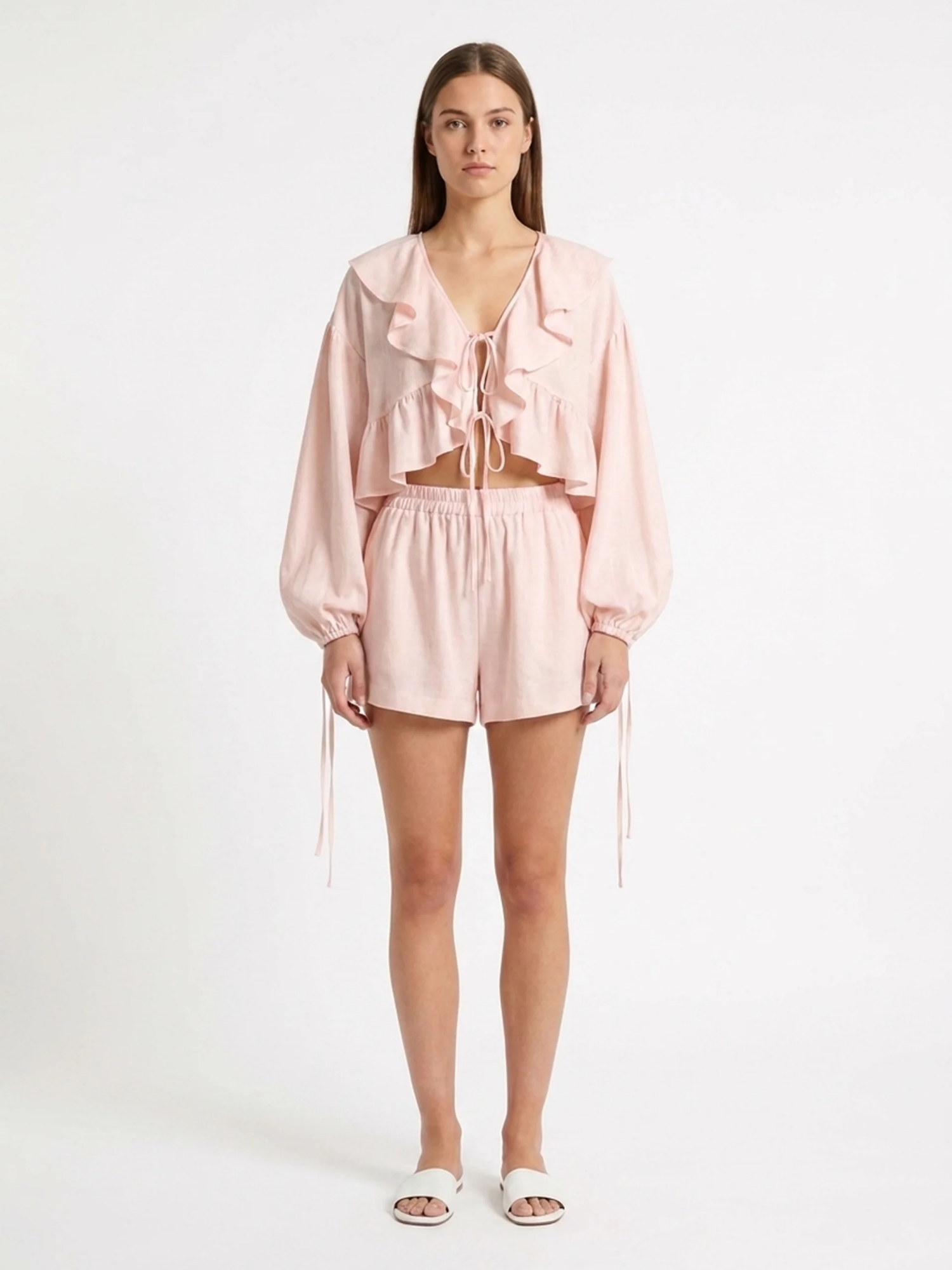 LILAROSE Women's Ruffle Lace-Up Blouse and Shorts Set