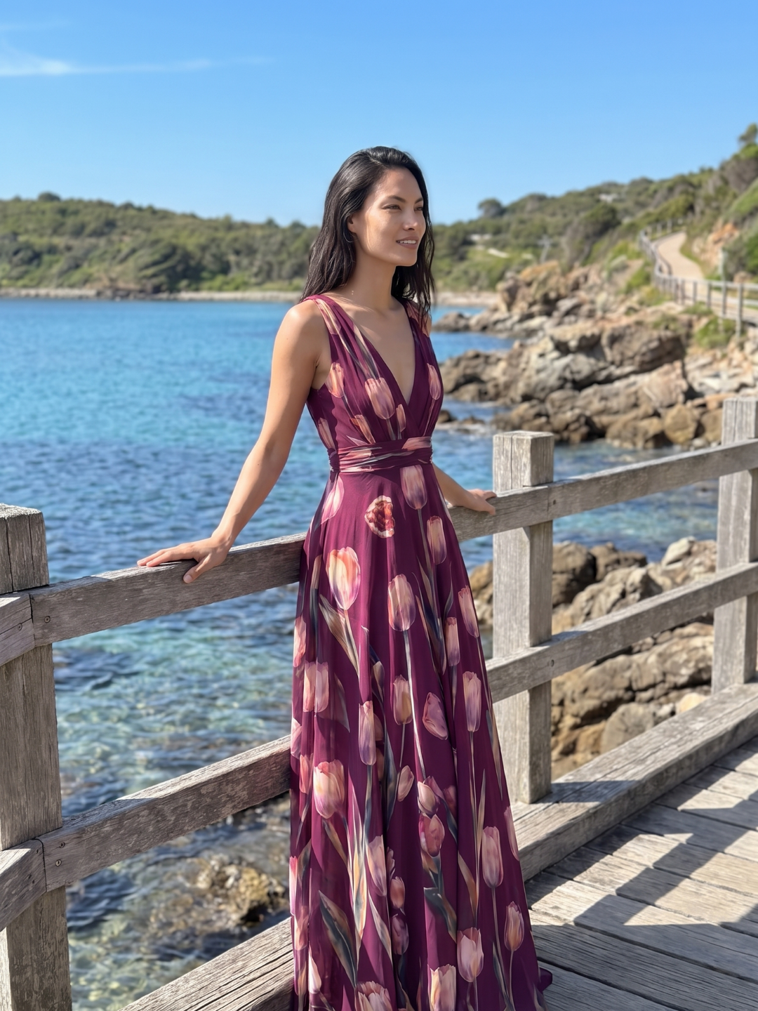 Eliana | Tulip Print V-Neck Pleated Maxi Dress