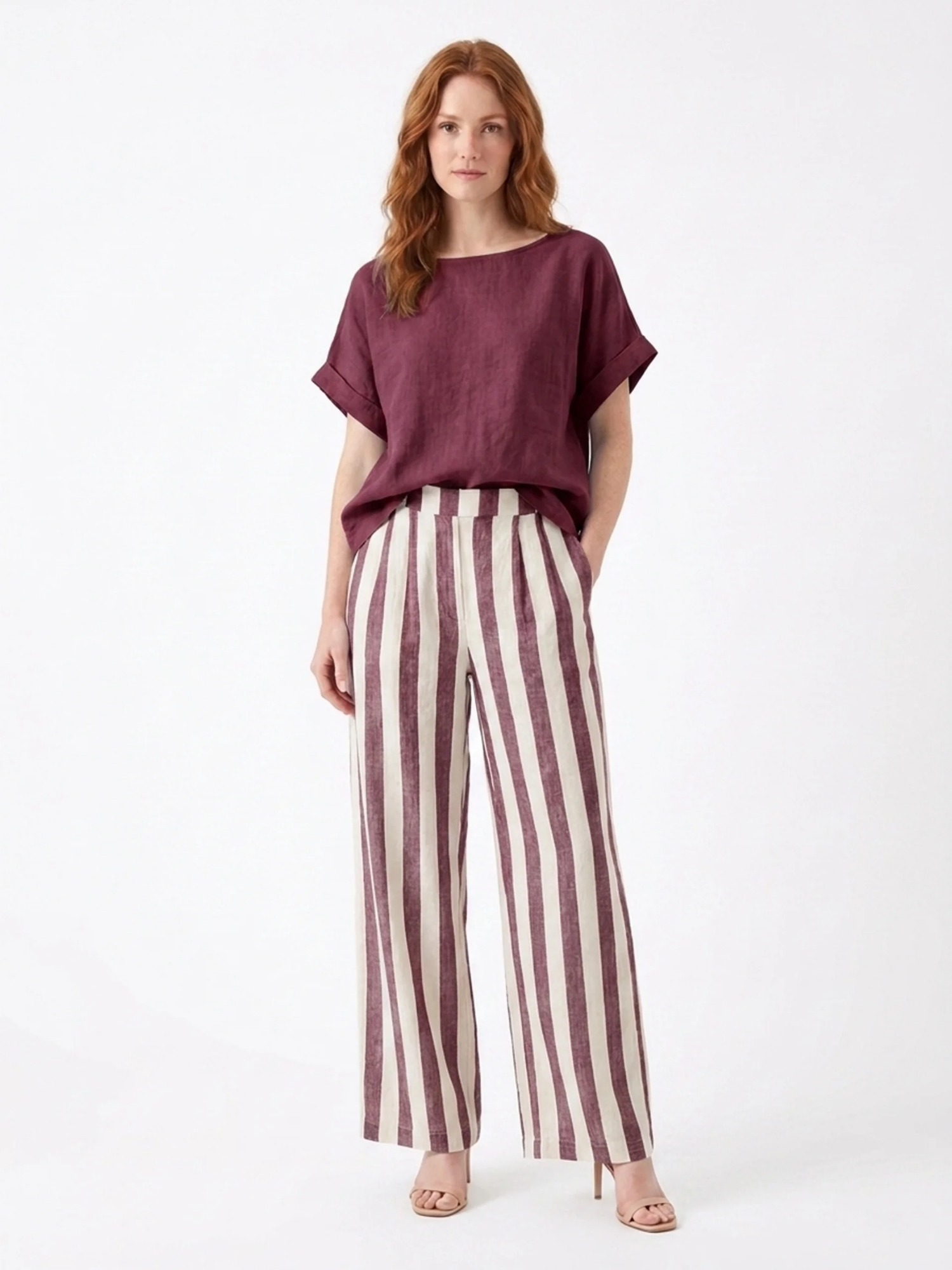 LORELEI Women's Short Sleeve Top and Striped Wide Leg Trouser Set