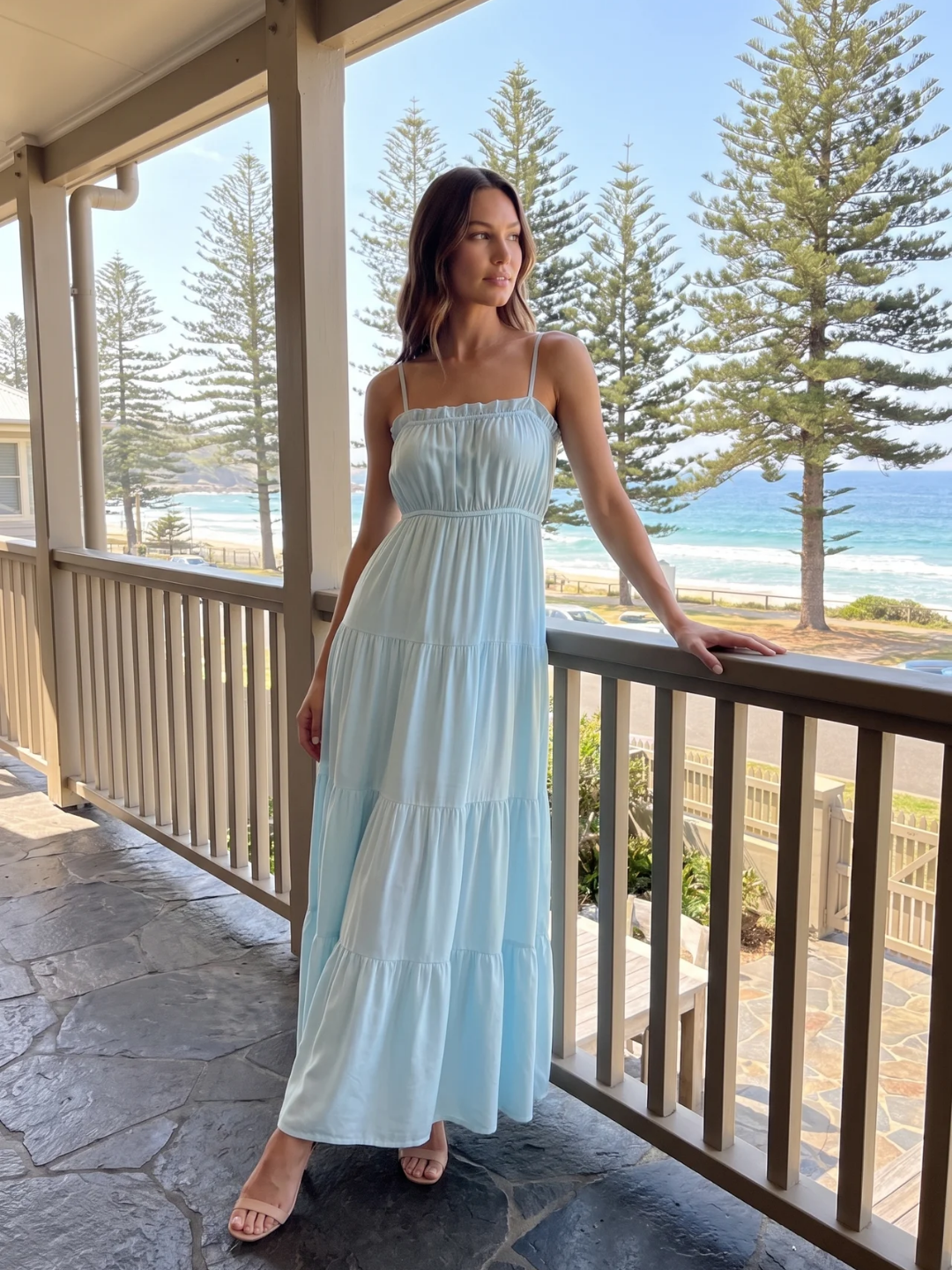 Gianna | Frill Trim Cinched Waist Tiered Maxi Dress