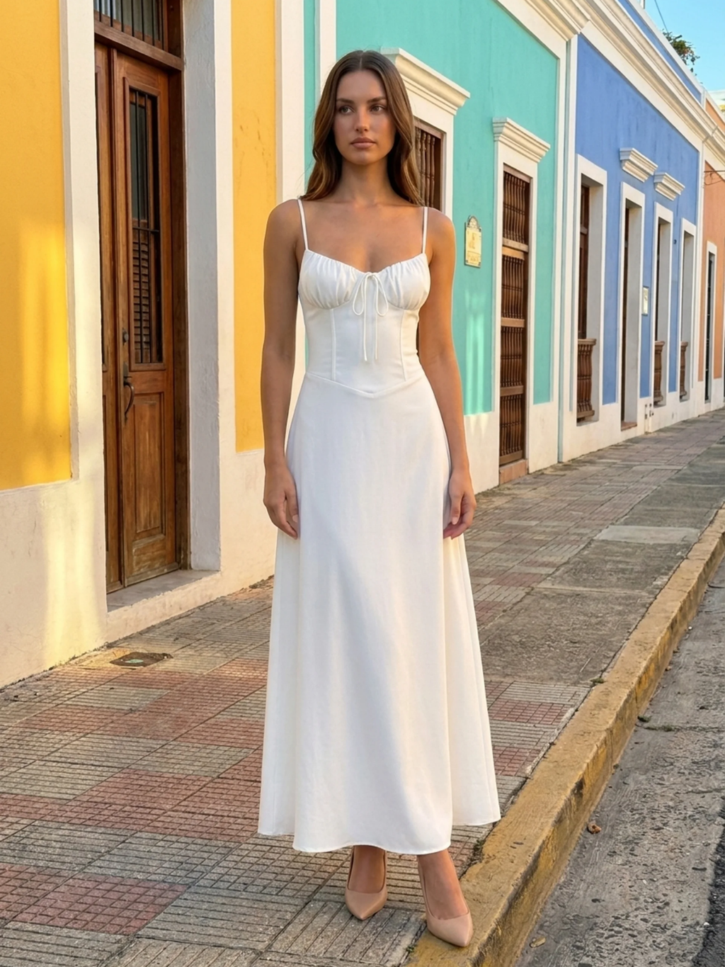 OAKLEE Women's Spaghetti Strap Tie-Front A-Line Maxi Dress