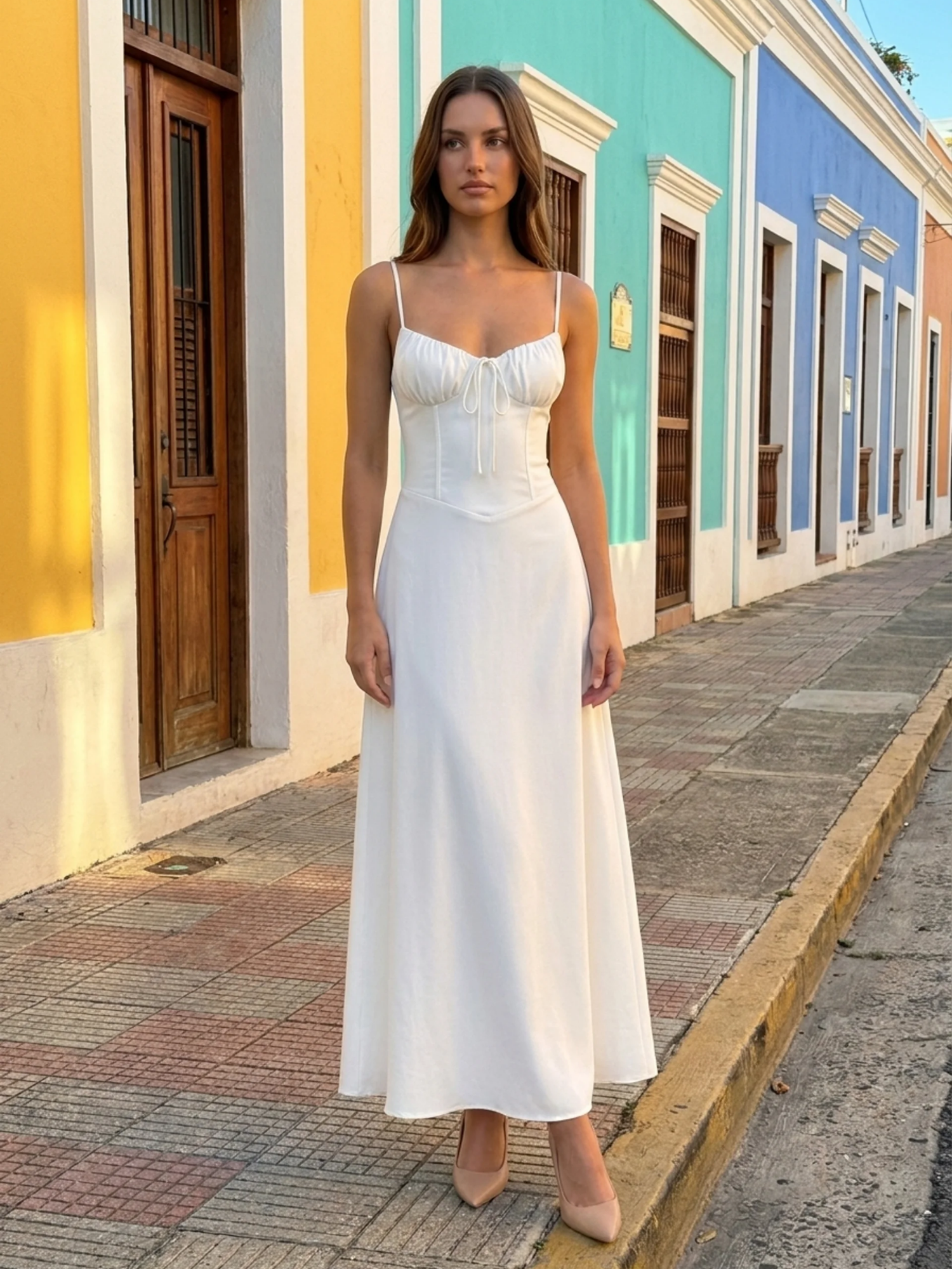OAKLEE Women's Spaghetti Strap Tie-Front A-Line Maxi Dress