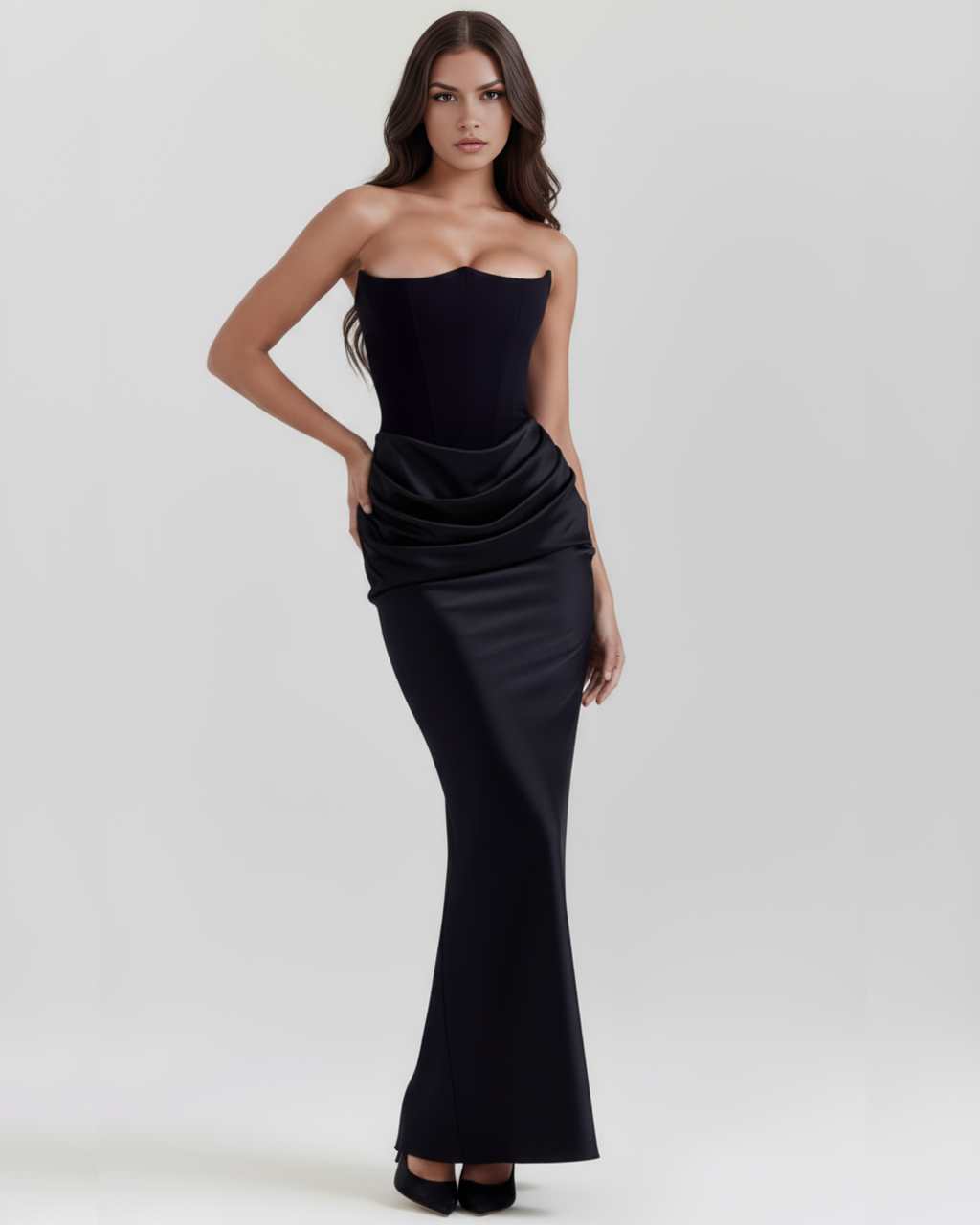 Lillian | Satin Corset Strapless Ruched Bodycon Maxi Gown