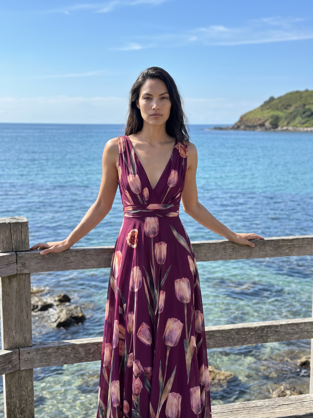 Eliana | Tulip Print V-Neck Pleated Maxi Dress