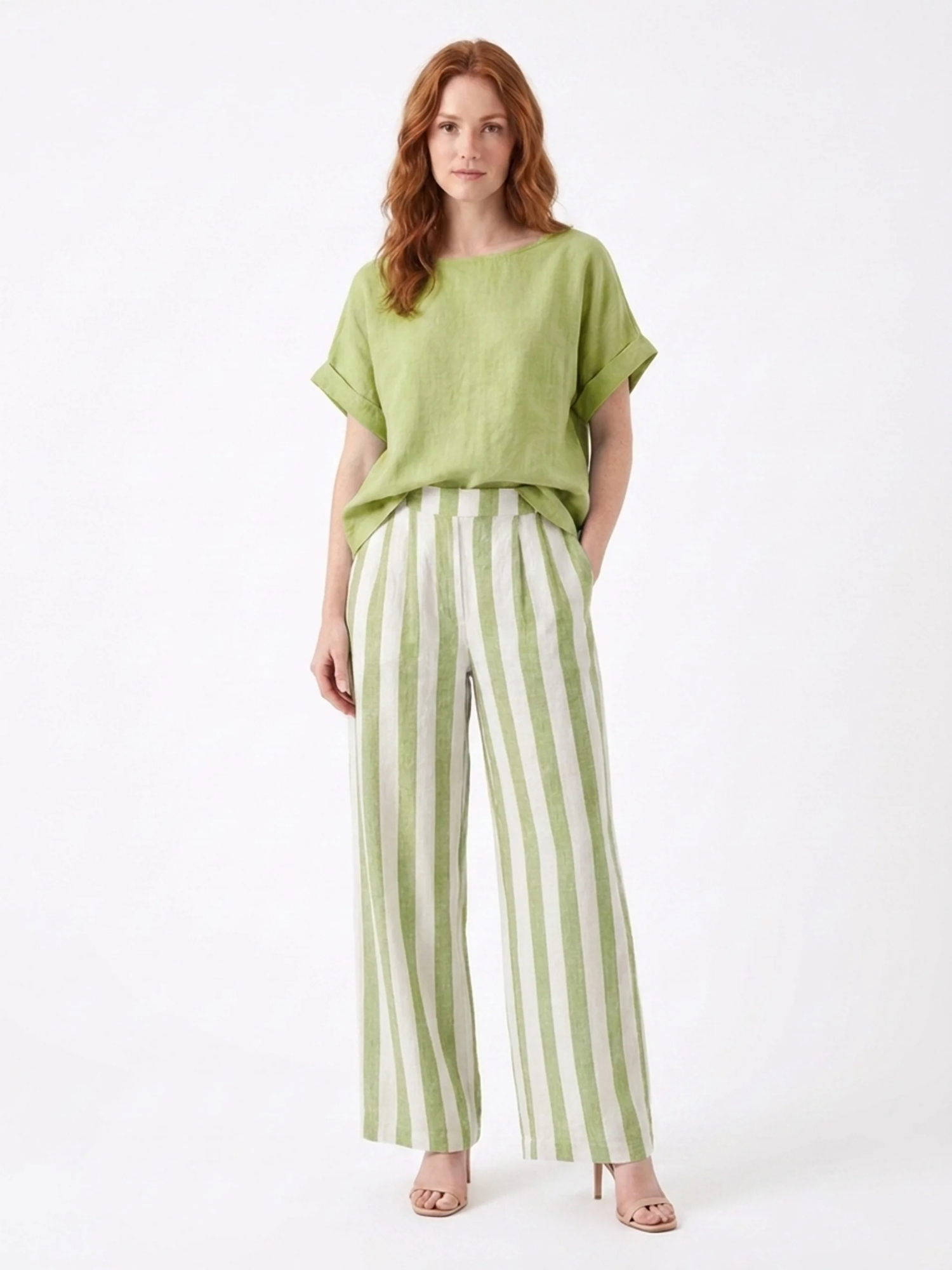 LORELEI Women's Short Sleeve Top and Striped Wide Leg Trouser Set