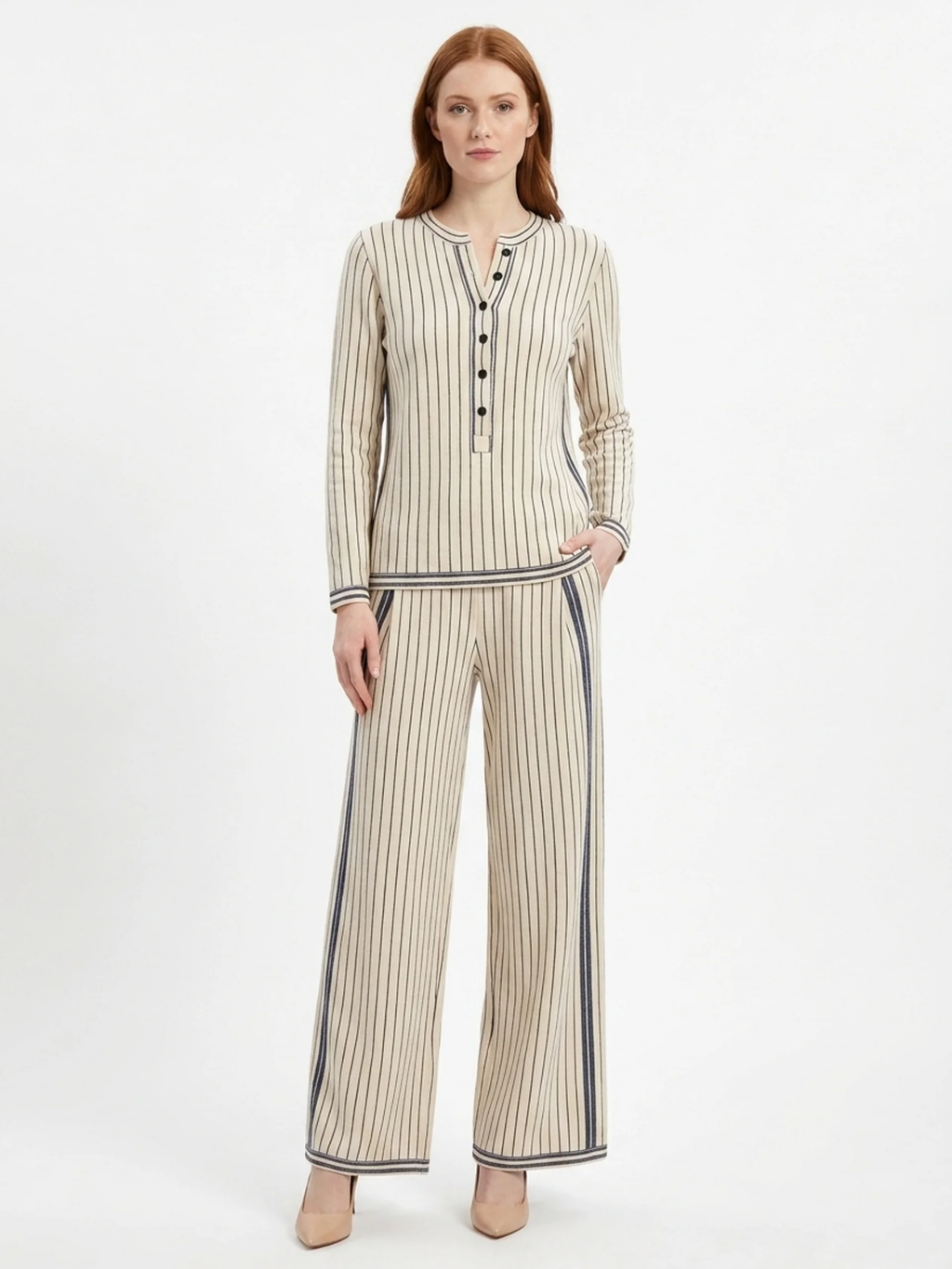 PERSEPHONE Women's Long Sleeve Striped Henley Top and Wide Leg Trouser Set
