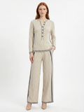 PERSEPHONE Women's Long Sleeve Striped Henley Top and Wide Leg Trouser Set