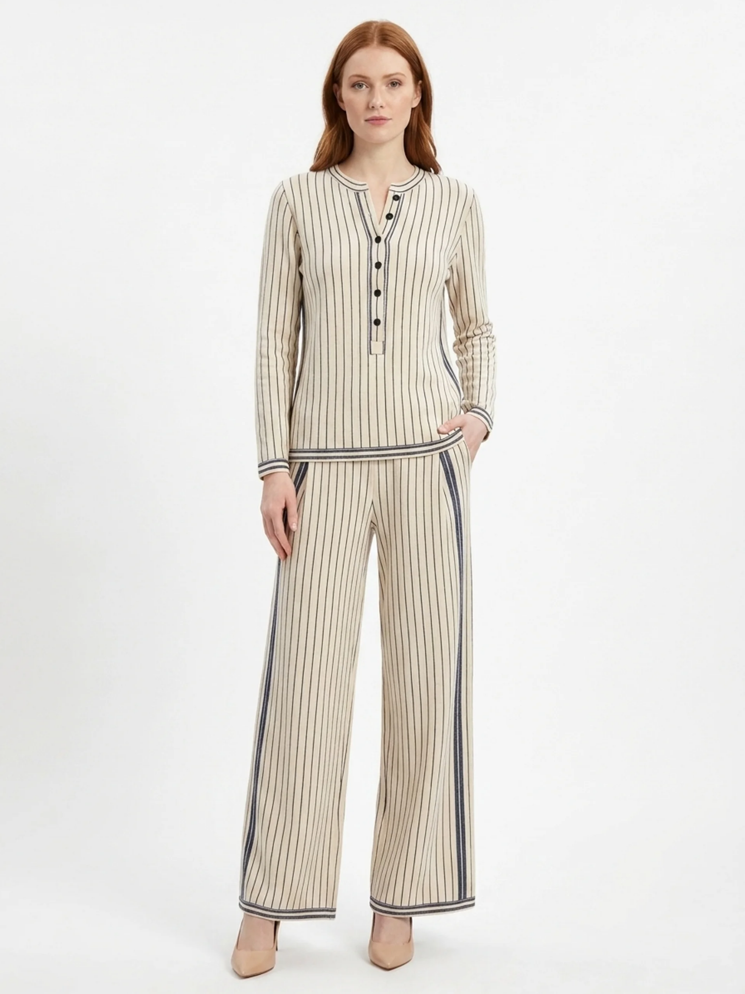 PERSEPHONE Women's Long Sleeve Striped Henley Top and Wide Leg Trouser Set