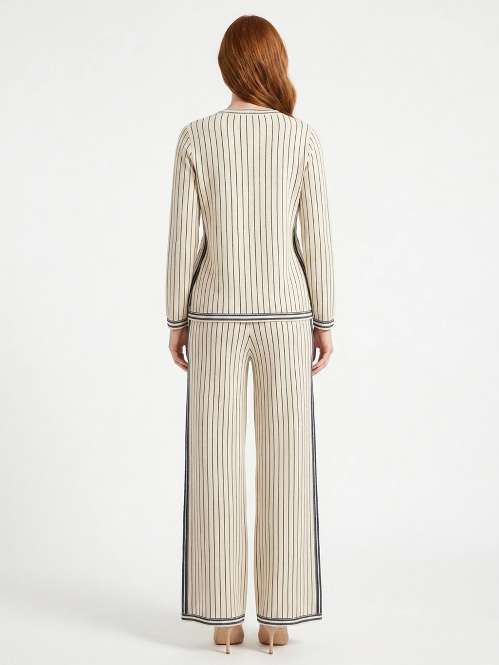 PERSEPHONE Women's Long Sleeve Striped Henley Top and Wide Leg Trouser Set