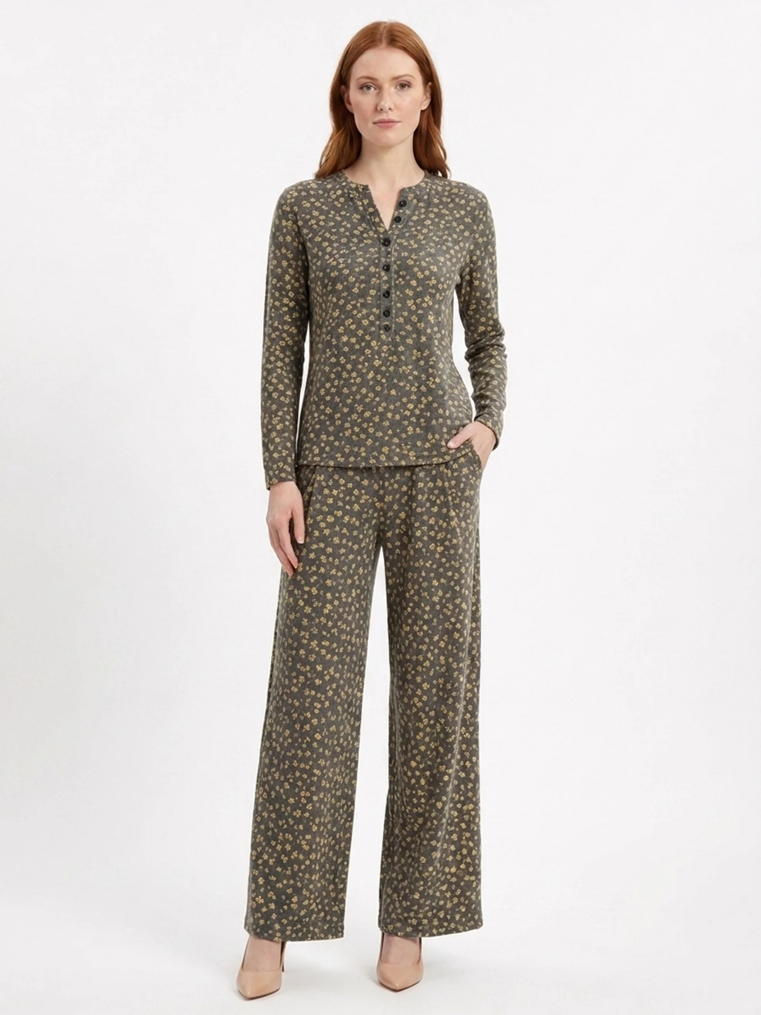 PERSEPHONE Women's Long Sleeve Striped Henley Top and Wide Leg Trouser Set
