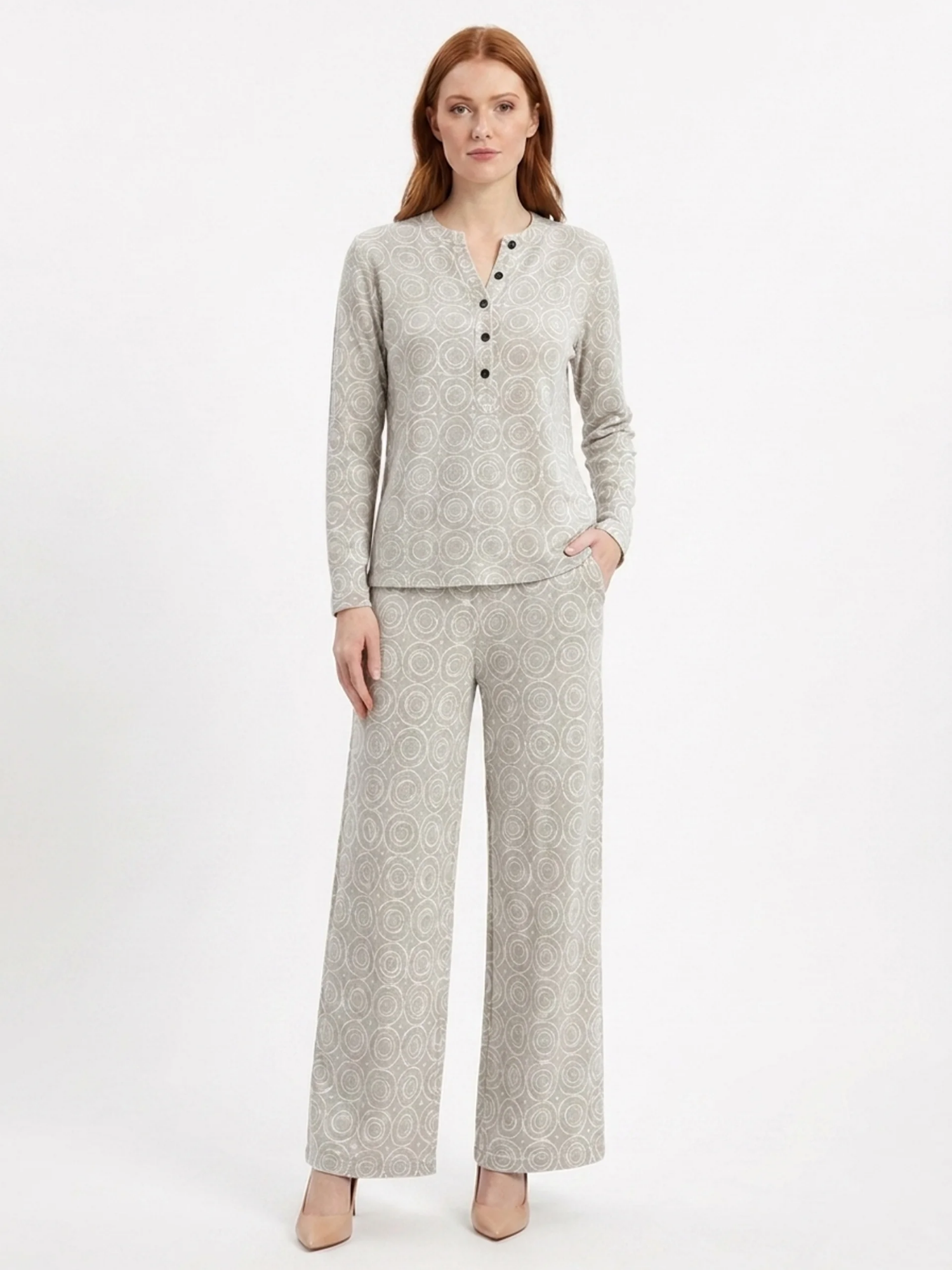 PERSEPHONE Women's Long Sleeve Striped Henley Top and Wide Leg Trouser Set