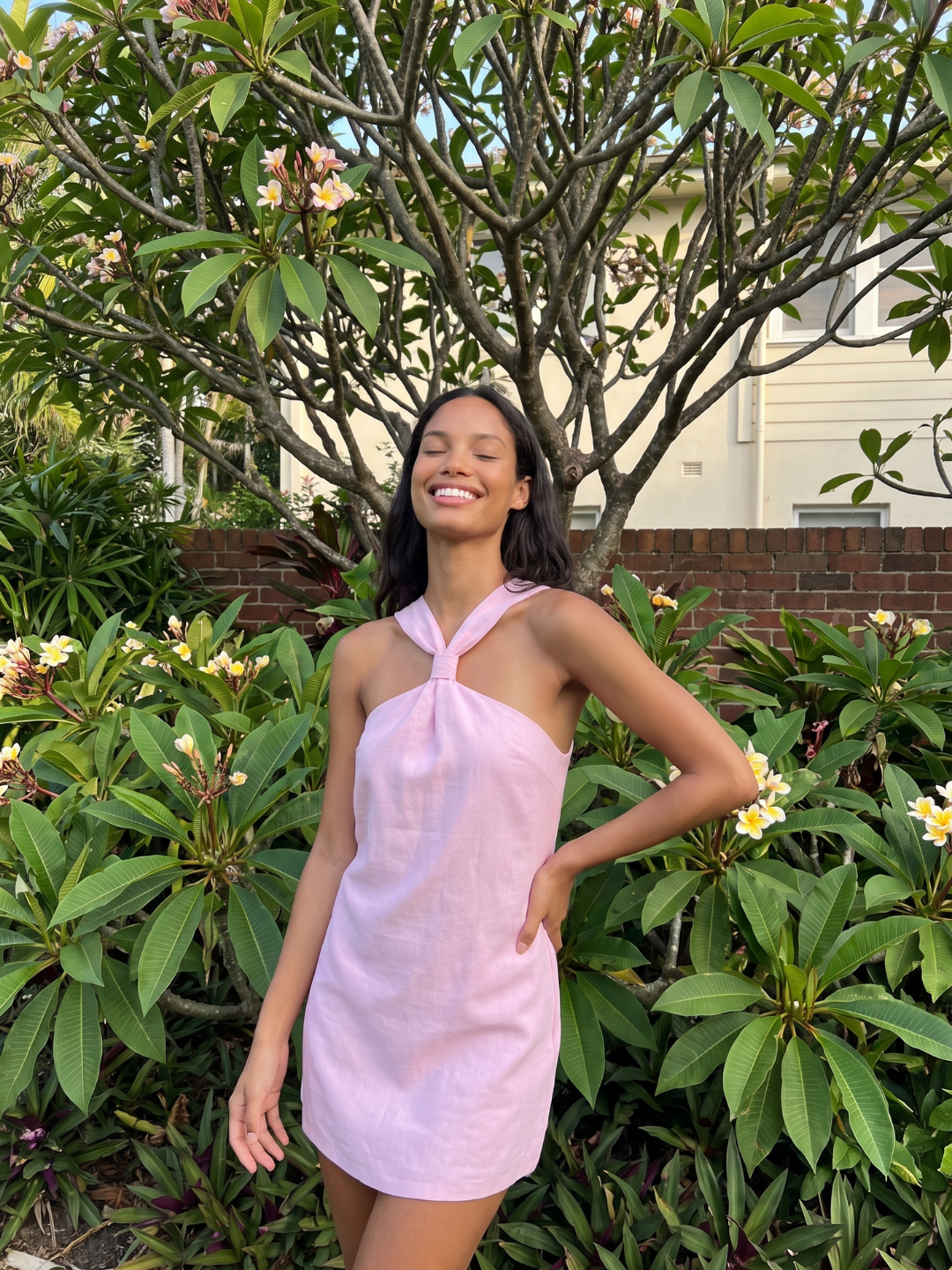 Queenie | Twist Halter A-Line Swing Mini Dress