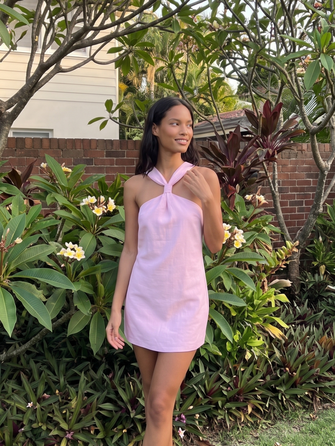 Queenie | Twist Halter A-Line Swing Mini Dress