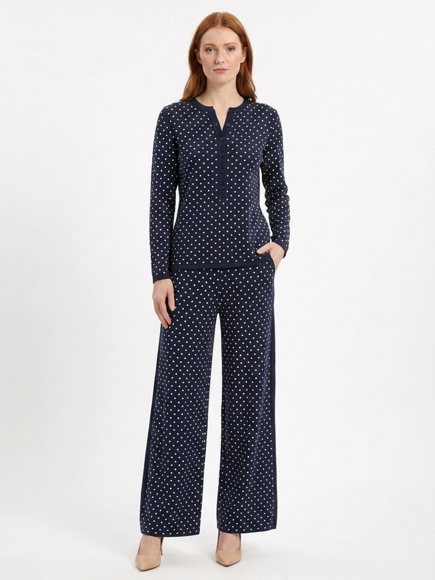 PERSEPHONE Women's Long Sleeve Striped Henley Top and Wide Leg Trouser Set