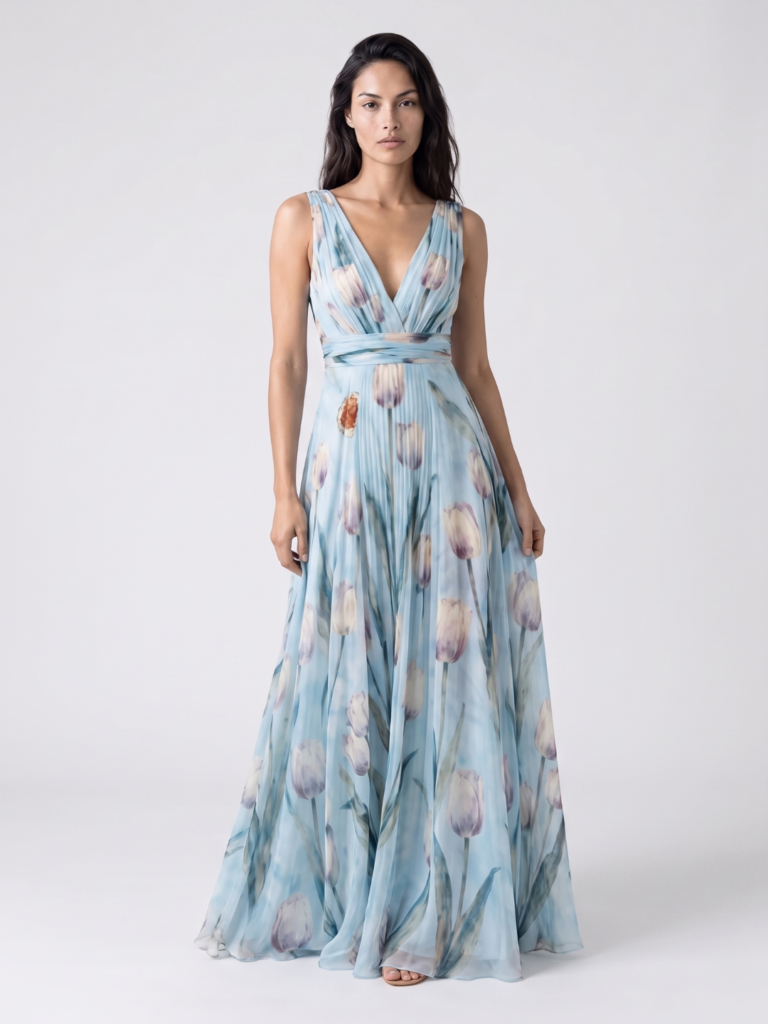 Eliana | Tulip Print V-Neck Pleated Maxi Dress