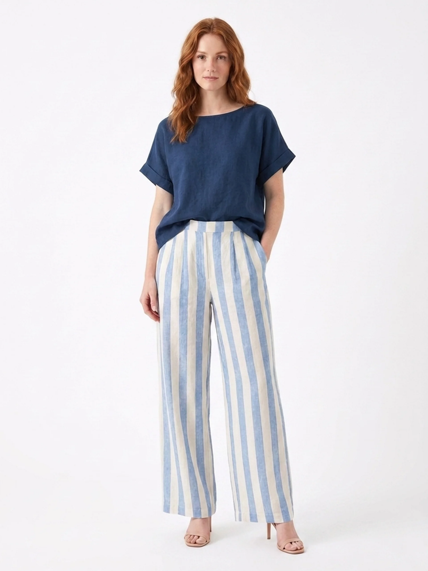 LORELEI Women's Short Sleeve Top and Striped Wide Leg Trouser Set