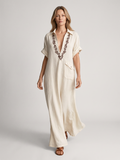 Zaylee | Embroidered Collar V-Neck Cotton Linen Maxi Dress