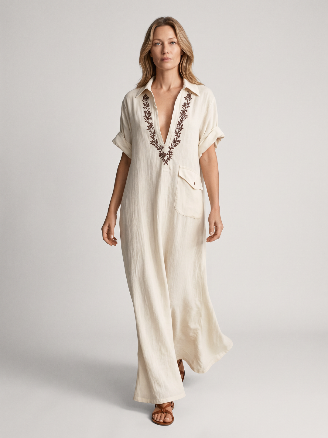 Zaylee | Embroidered Collar V-Neck Cotton Linen Maxi Dress