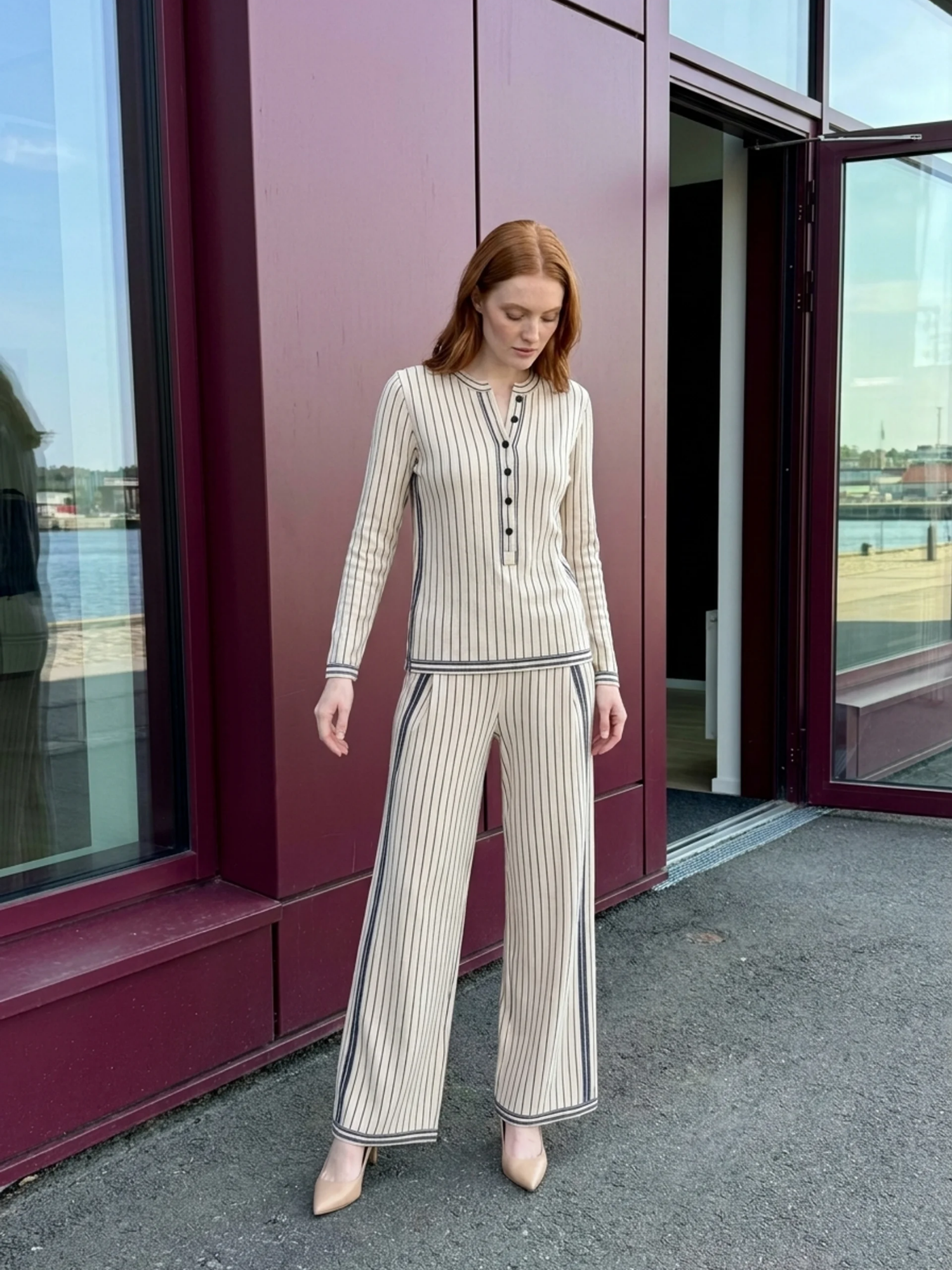 PERSEPHONE Women's Long Sleeve Striped Henley Top and Wide Leg Trouser Set