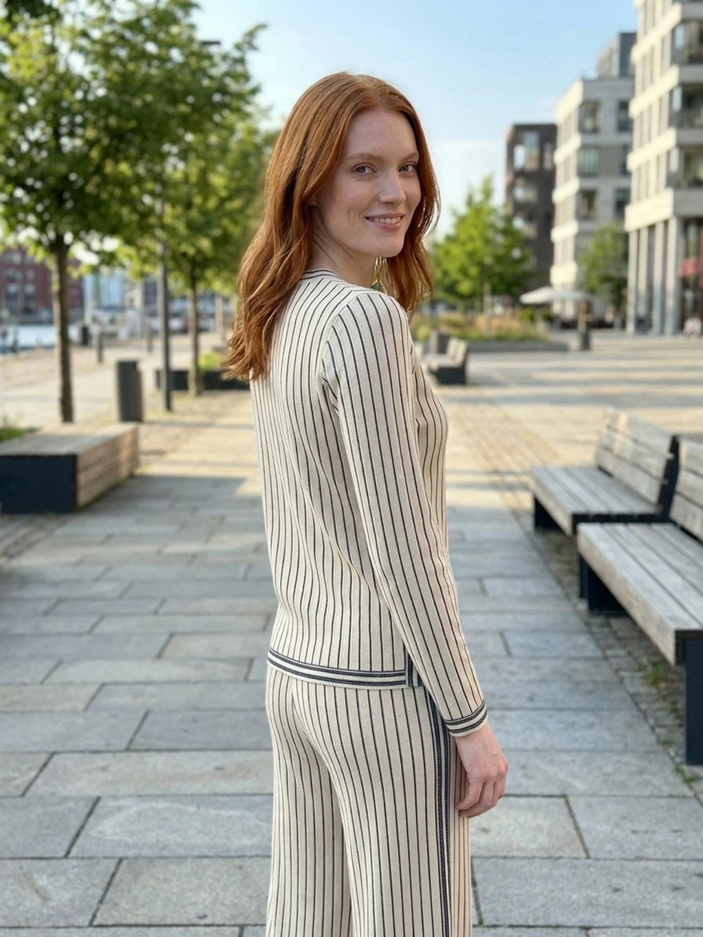 PERSEPHONE Women's Long Sleeve Striped Henley Top and Wide Leg Trouser Set