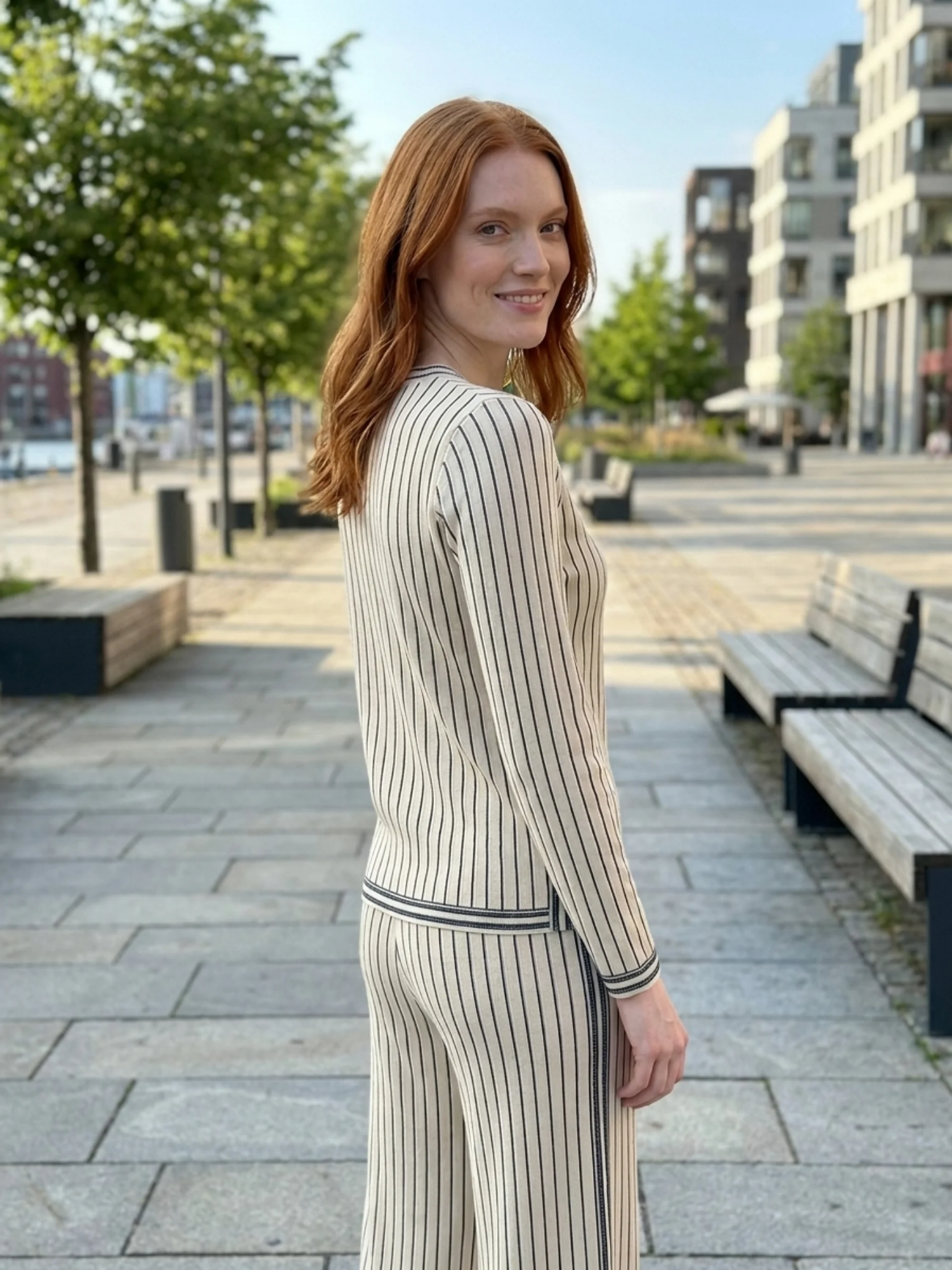 PERSEPHONE Women's Long Sleeve Striped Henley Top and Wide Leg Trouser Set