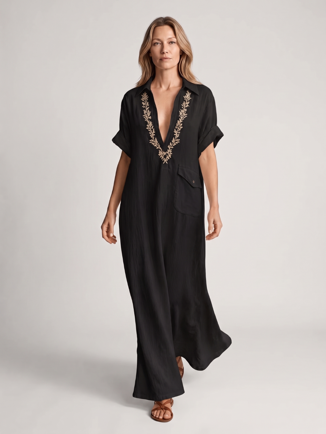 Zaylee | Embroidered Collar V-Neck Cotton Linen Maxi Dress