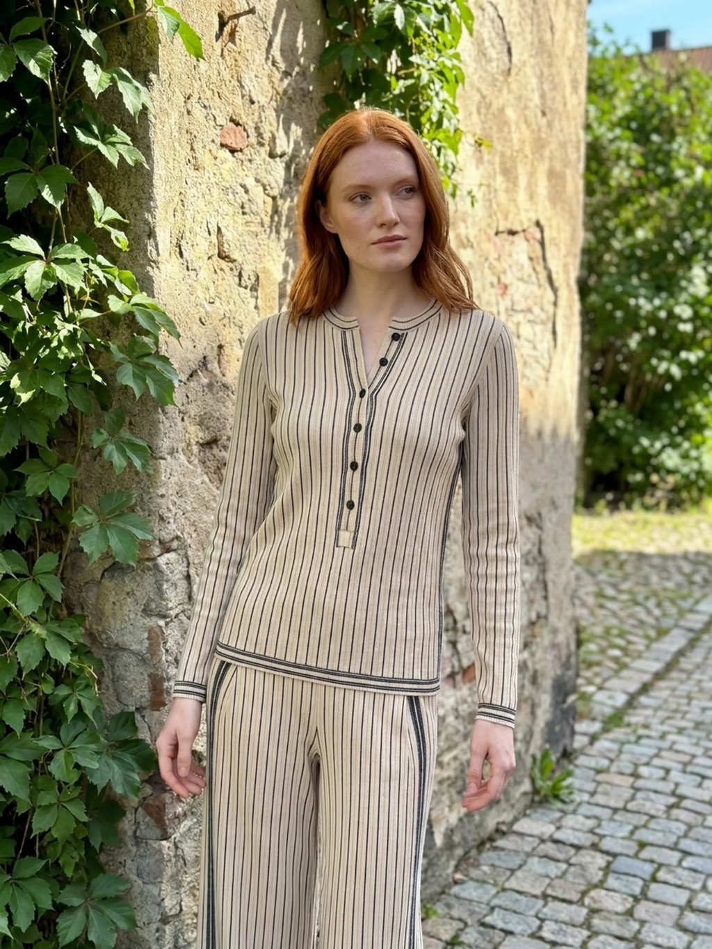 PERSEPHONE Women's Long Sleeve Striped Henley Top and Wide Leg Trouser Set