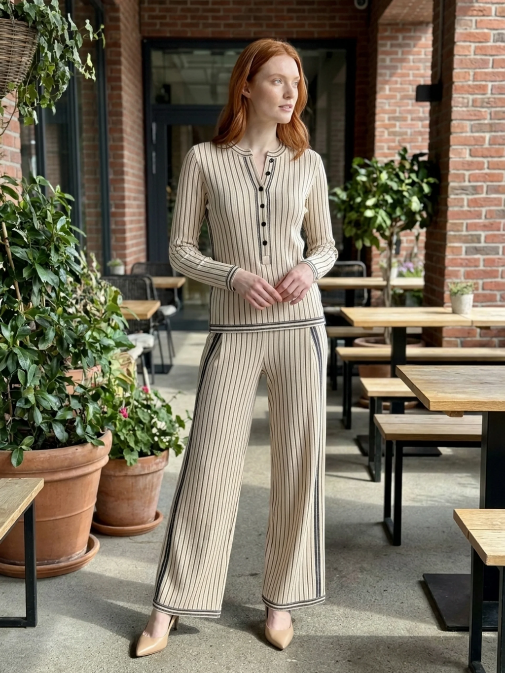 PERSEPHONE Women's Long Sleeve Striped Henley Top and Wide Leg Trouser Set