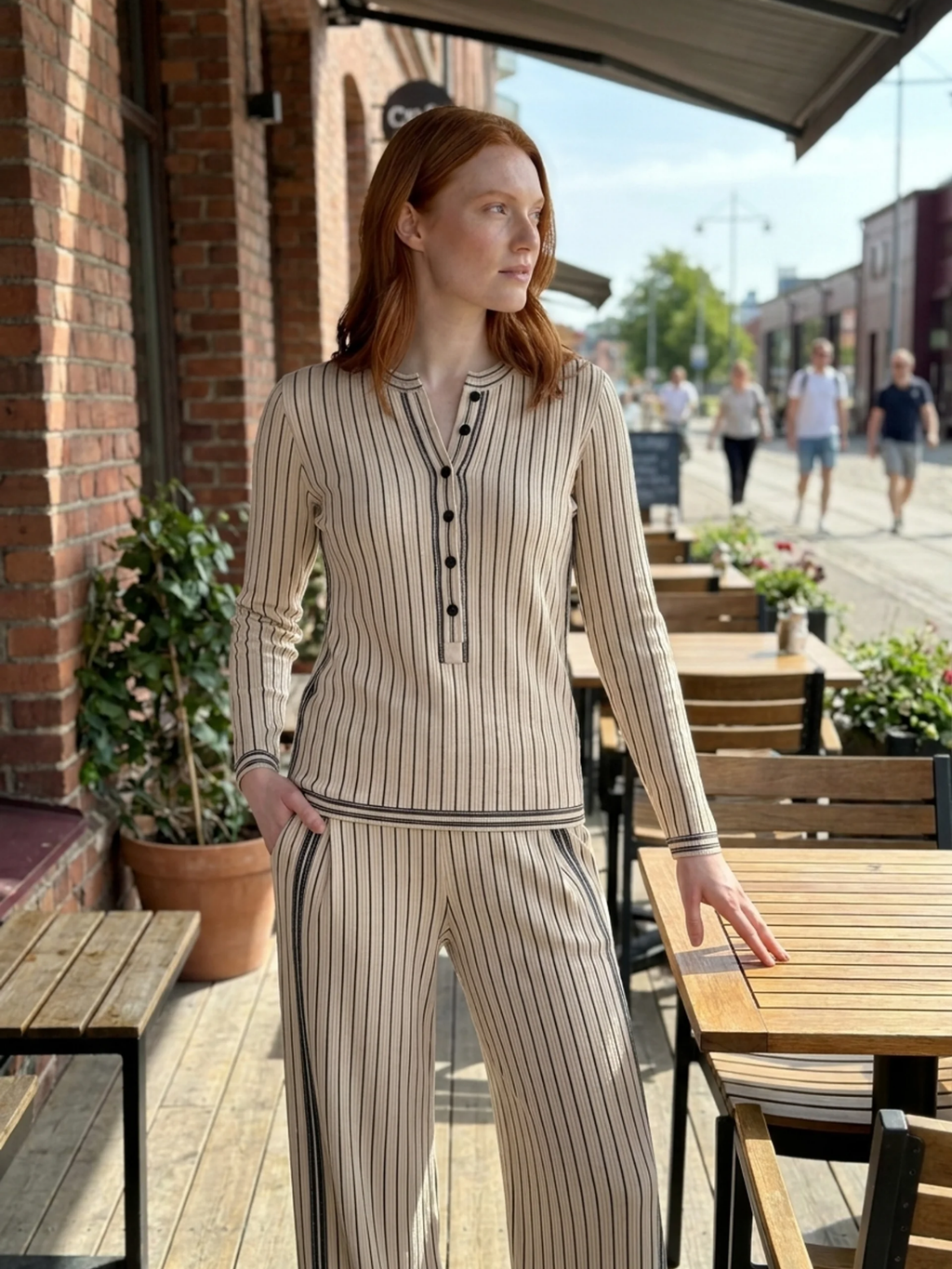 PERSEPHONE Women's Long Sleeve Striped Henley Top and Wide Leg Trouser Set