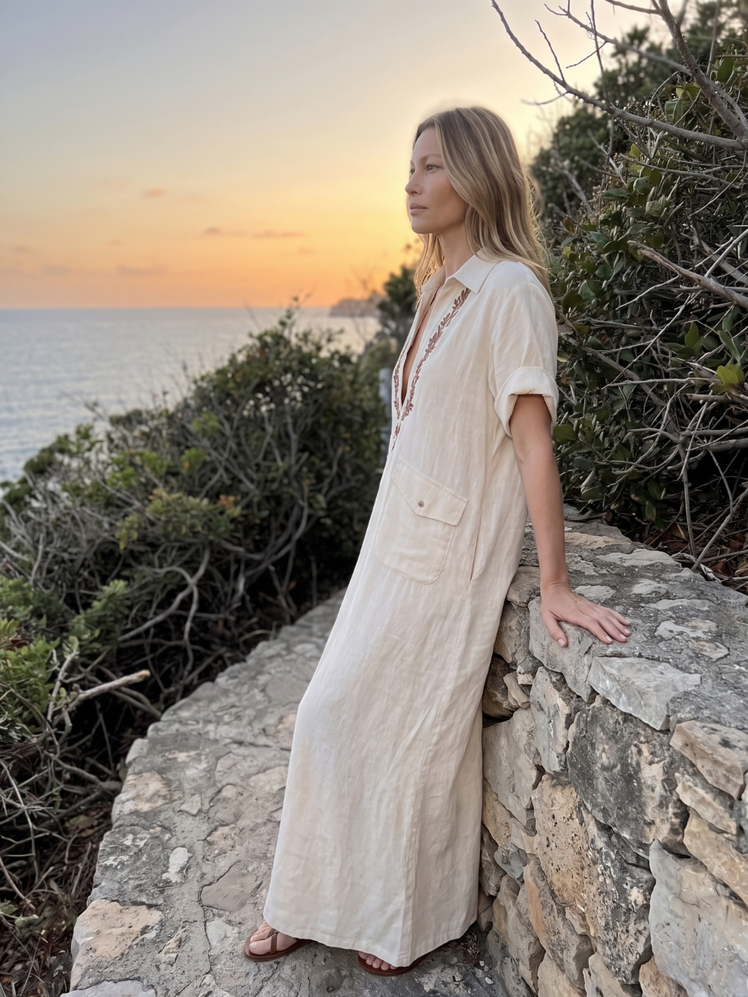 Zaylee | Embroidered Collar V-Neck Cotton Linen Maxi Dress