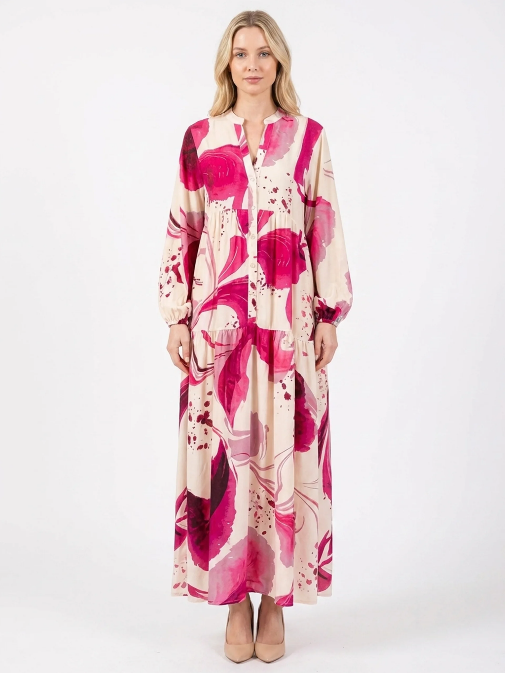 RAYLEE Women's Long Sleeve Abstract Print Maxi Shirt Dress