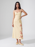 Ensley | Embroidered Floral Sweetheart Linen Midi Dress