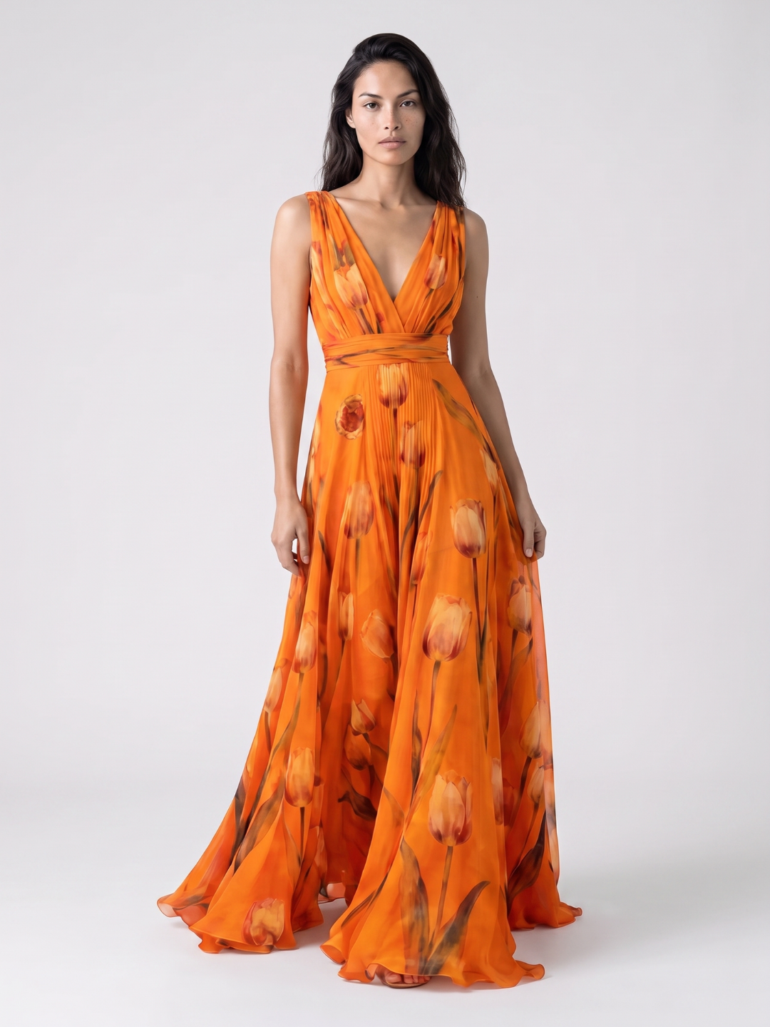 Eliana | Tulip Print V-Neck Pleated Maxi Dress